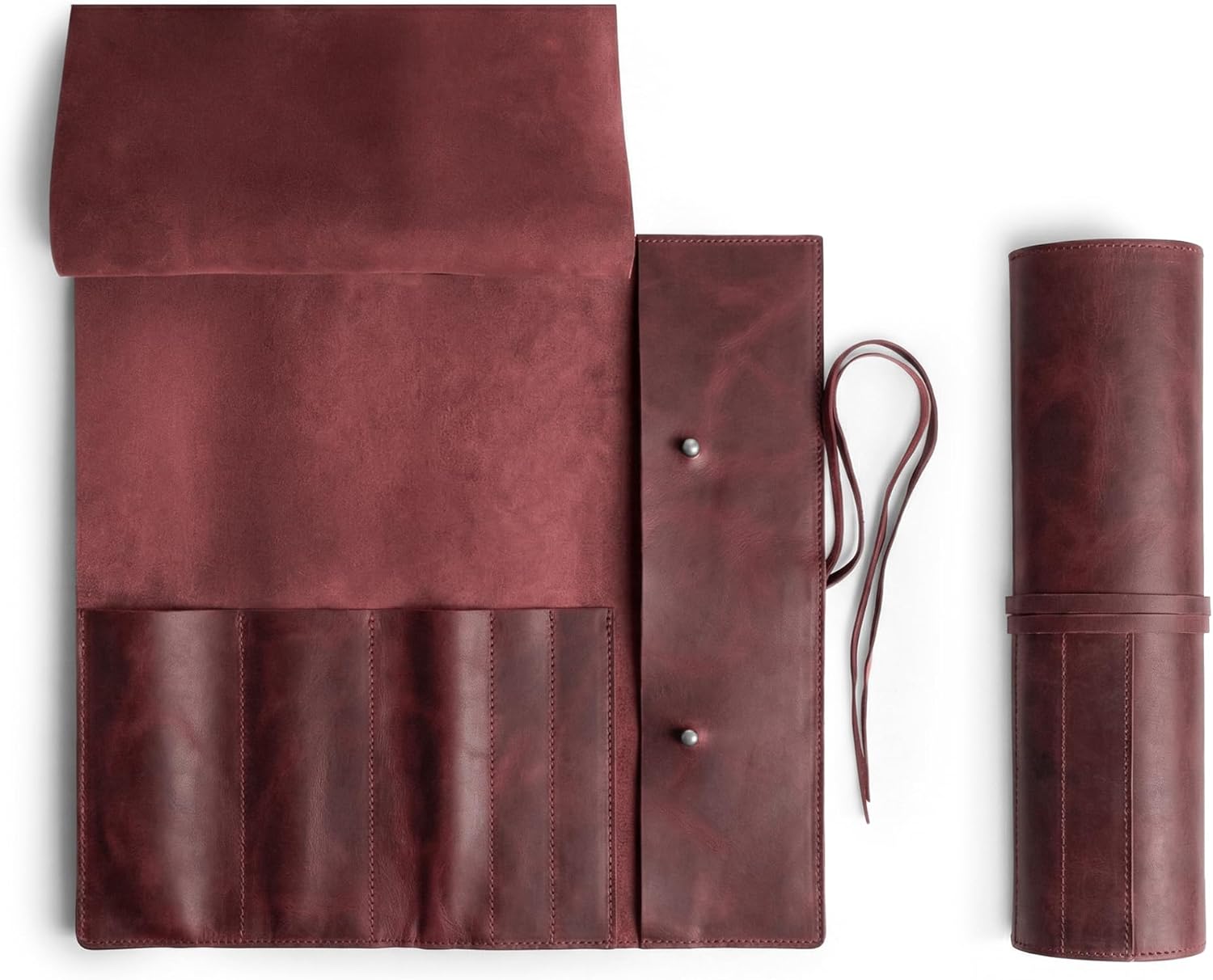 Hide & Drink, Rustic Knife Roll Case (5 pockets), Compact Carry-On Bag for Traveling Chefs & Cooks, Kitchen Tool Storage Organizer, Full Grain Leather, Handmade (Sangria)