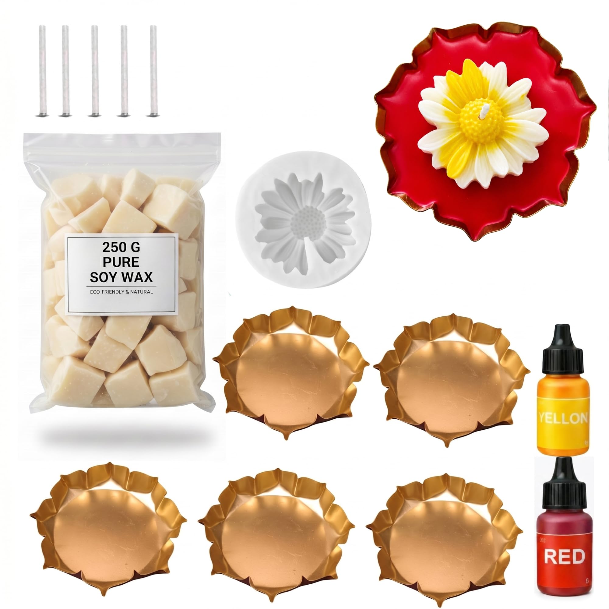 DIY Daisy Candle Making Kit with 5 Urli (3.5 Inch) | 250g Soy Wax | 2 Candle Colors (10ml Each) | Silicone Daisy Mould | 5 Wicks | Handmade Candle Kit for Beginners, Diwali Décor & Gifting-image-40
