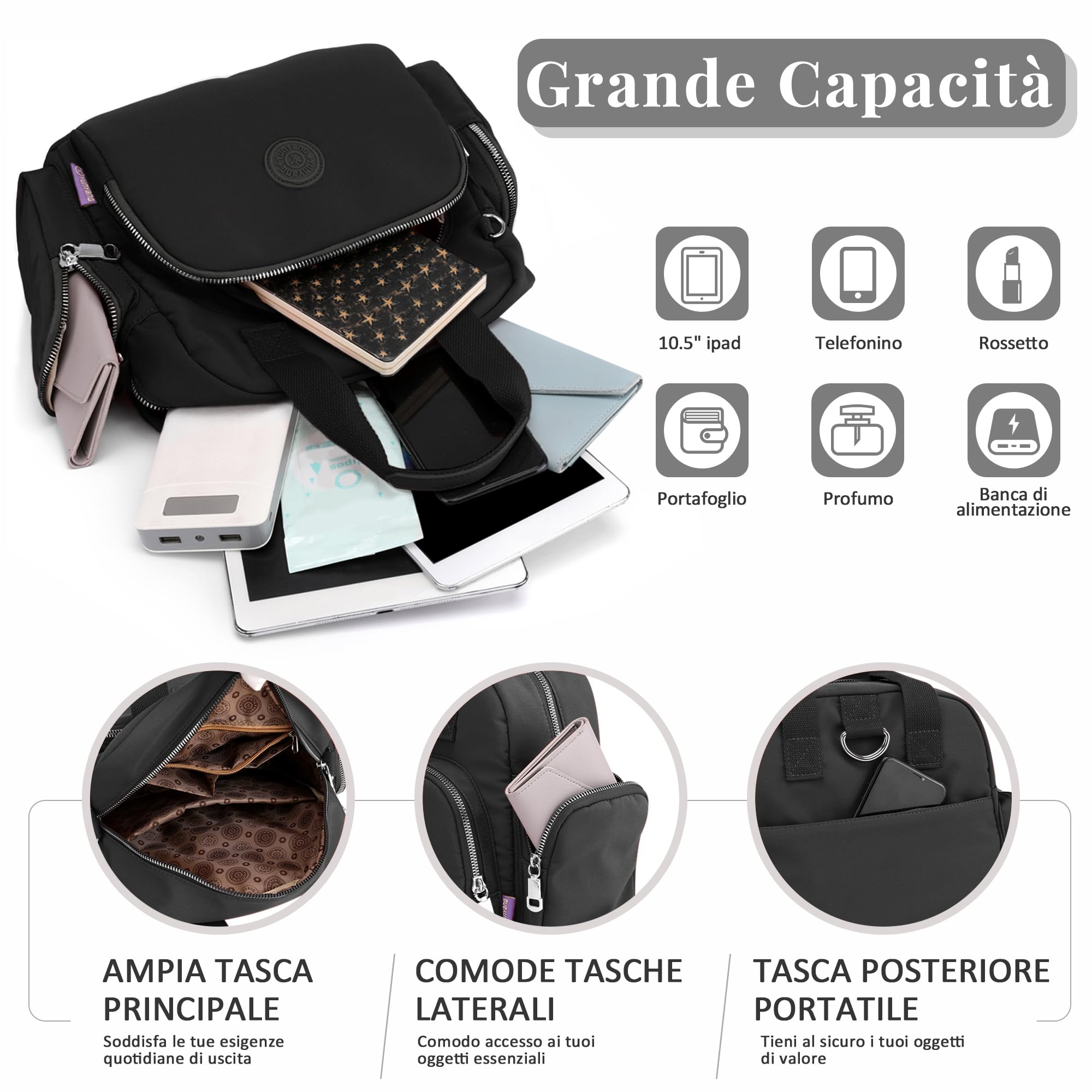 Donne Borsa a Mano Moda Tracolla Borse Donna Zaino Impermeabile Messenger Borsa Porta di Ricarica USB Lavoro Viaggio Casual Quotidiano Tela Borsa a Tracolla Nero A, L, Borsa a Mano, Nero a, L,