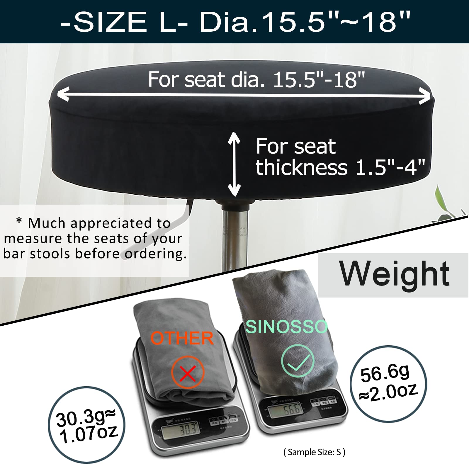 Funda para taburete de bar, terciopelo súper suave, diámetro de 15.5-18 pulgadas, redonda, elástica, lavable, a prueba de polvo para muebles tapizados (L, negro, 1 unidad) 3