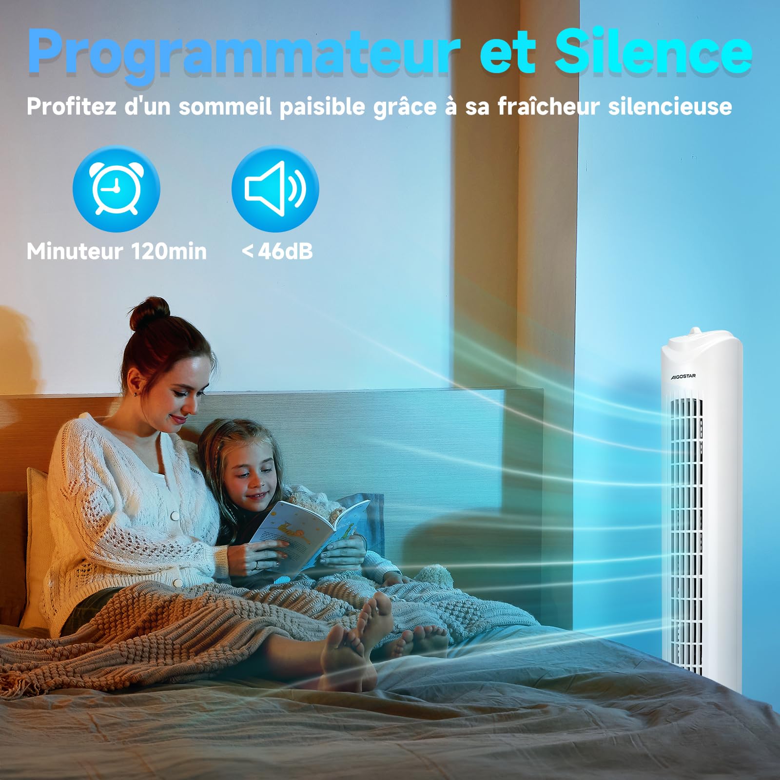Aigostar Ventilateur Colonne Silencieux 81CM, 3 Vitesses,Oscillation 70°, Minuteur 2H, Blanc,Ventilateur Tour Puissant 45W,Économique pour Salon Bureau Chambre -Benson White