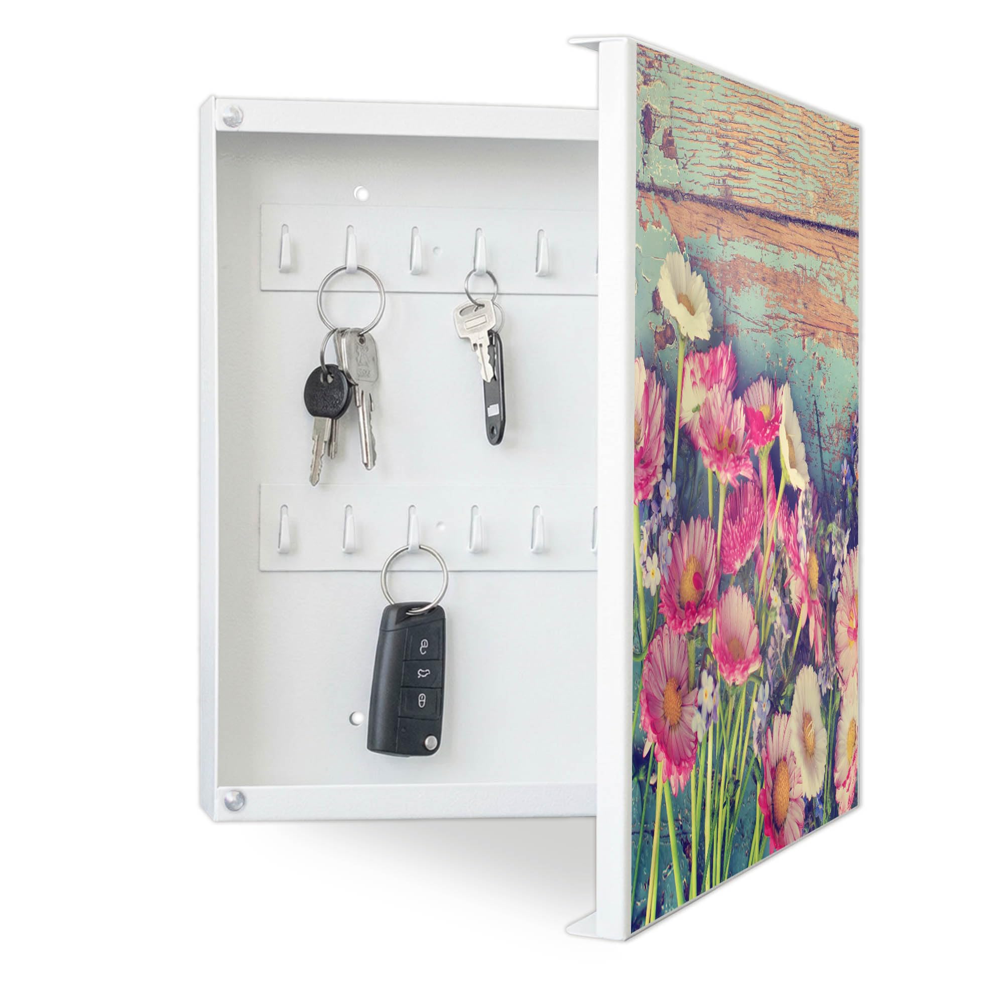 banjado Großer Schlüsselkasten Metall - Schlüsselbox 30x30cm beschreibbarer mit 32 Haken - Schlüsselkasten modern für Schlüsselaufbewahrung - Korpus Weiß Scharnier Rechts - Motiv Blumenpfücken