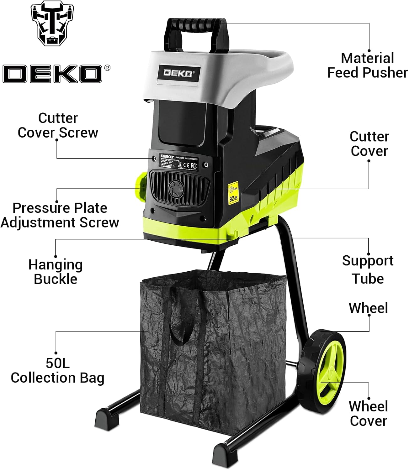 Diagram showing labeled parts of the DEKOPRO Electric Wood Chipper Shredder including the material feed pusher, cutter cover, pressure plate adjustment screw, hanging buckle, 50L collection bag, support tube, wheel, and wheel cover.