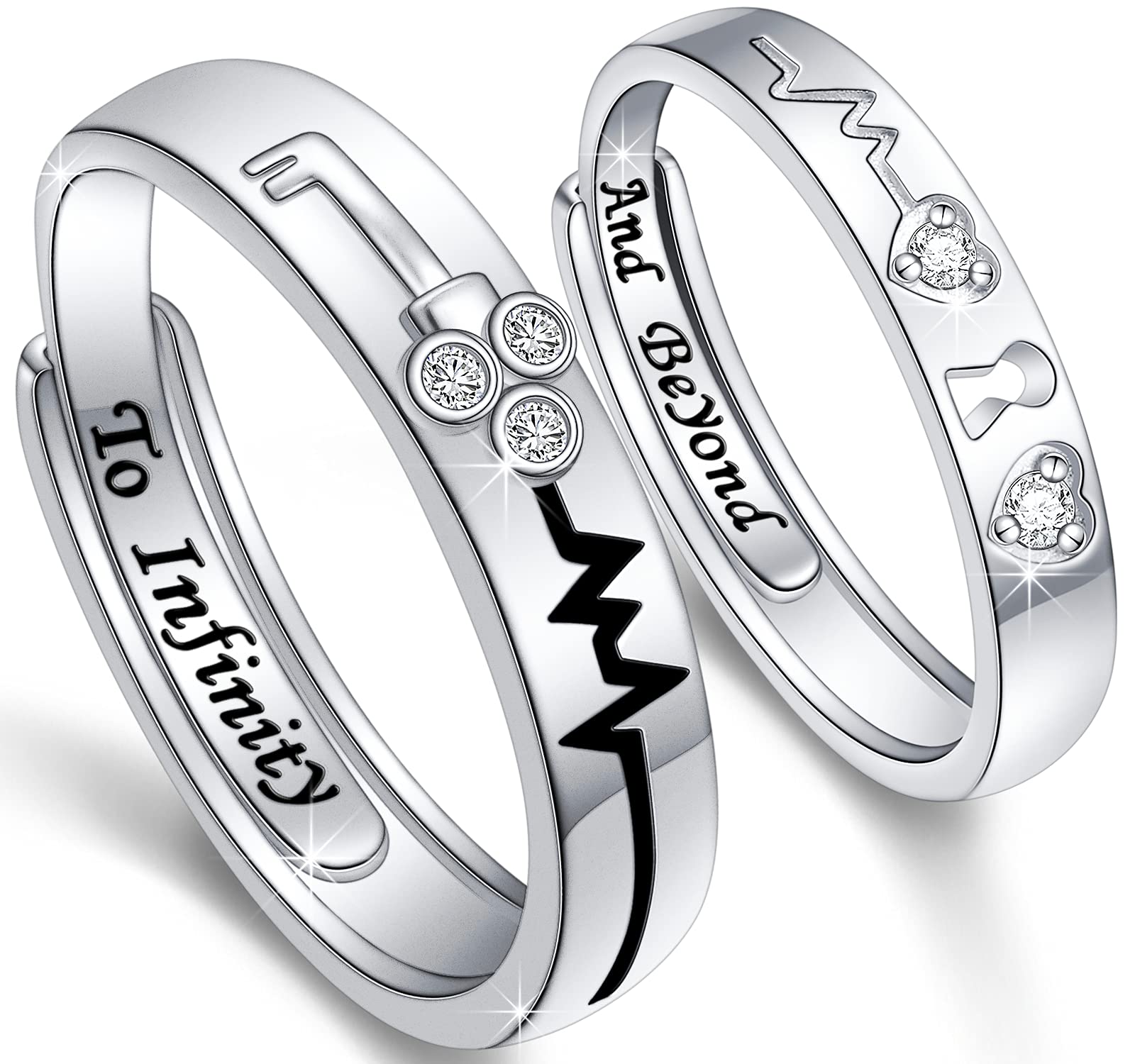 2PCS Heart Couple Rings Promise Rings for Couples 925 Sterling Silver Adjustable Matching Rings for Couples His and Her Wedding Rings Set