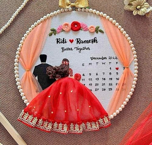 Wood Customized Embroidery Hoop - Ideal Engagement Gifts,Marriage Anniversary for Parents - Handmade First Love,Save The Date,Wedding Keepsake for Couples, Multicolour