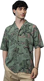 The Souled Store Avengers: Comics Men and Boys Short Sleeves Collared Neck Button Front Green All Over Printed Viscose Ove...