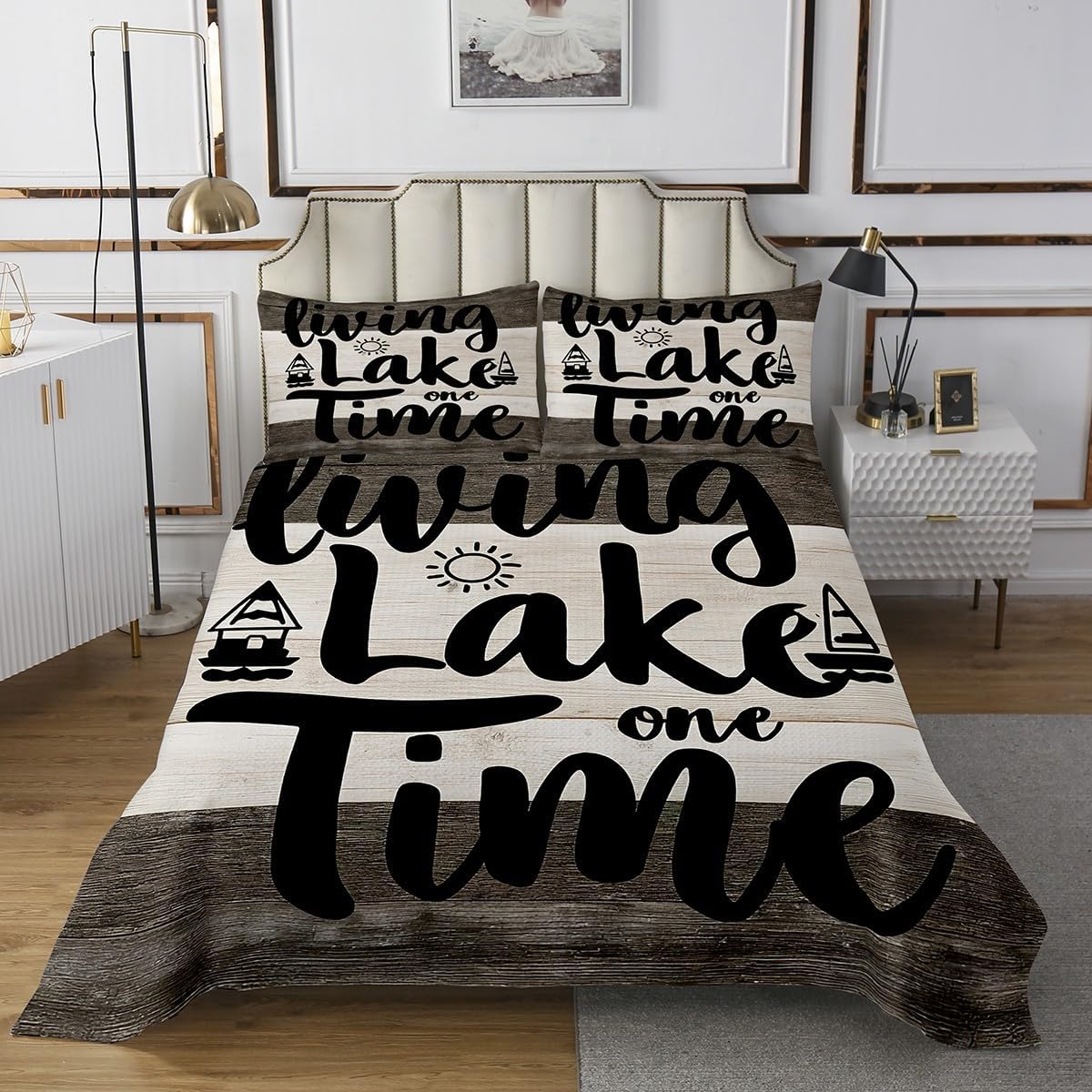 Lake Time Lightweight Quilt Set for Kids Teens,Wood Panels Bedspread Coverlet,Vintage Farmhouse Bed Cover Go Boating Quilt Set Decorative Quilted 2 Piece Coverlet Set with 1 Pillow Sham,Twin Size