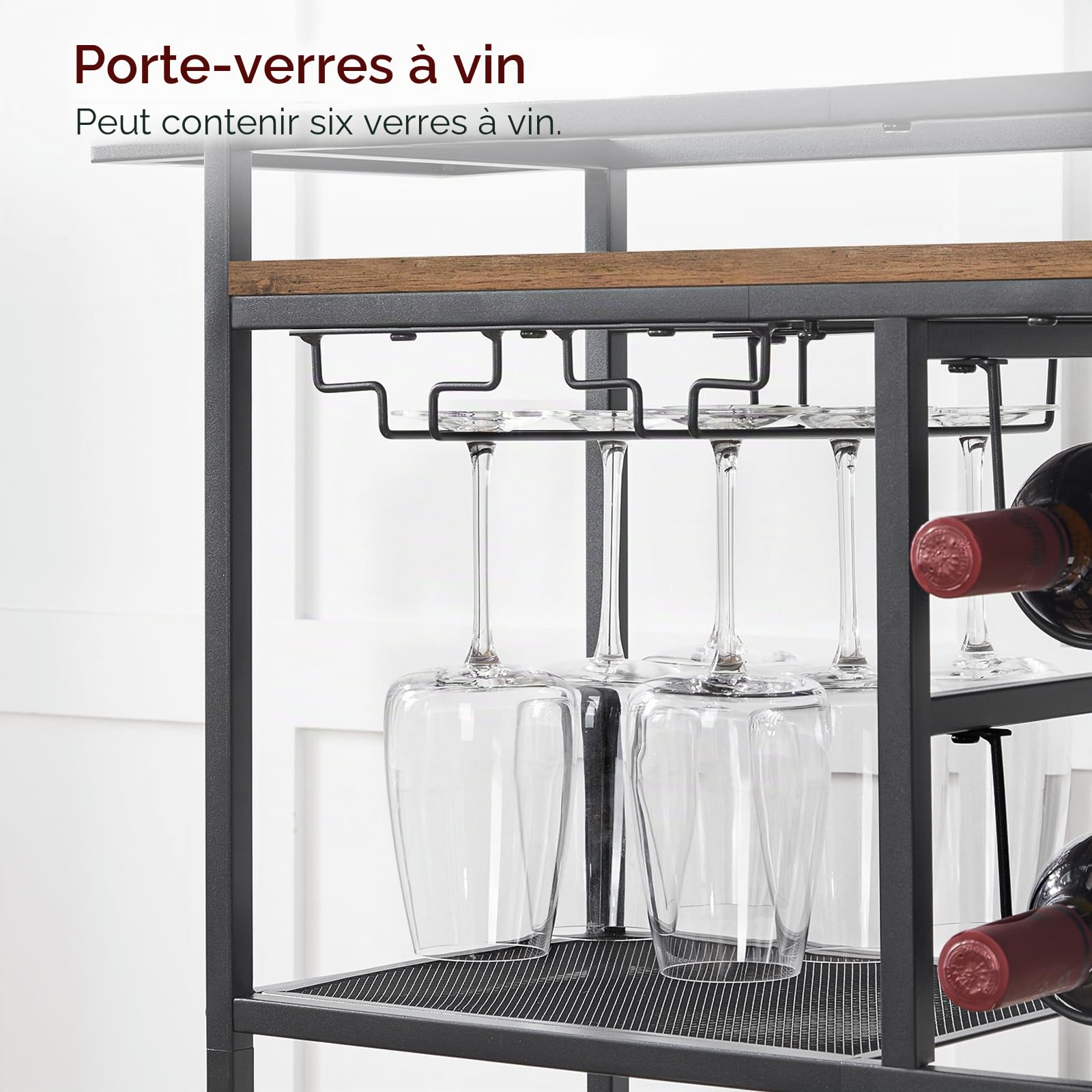MAHANCRIS Desserte à roulettes, Chariot de Service Roulant à 3 Niveaux avec Poignée, 63 x 28 x 85 cm, Desserte Cuisine, Chariot à Boissons avec Porte-Verres et Porte-Bouteilles, Marron ARCHR6101