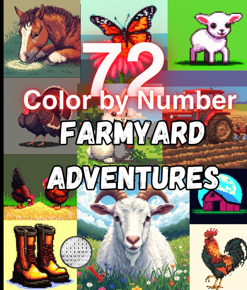 72 Farmyard Mystery Mosaic Color by Number: Charming Pixel Art Animals and Farm scenes to Discover in Secret Numbered Grids for Stress Relief and Fun