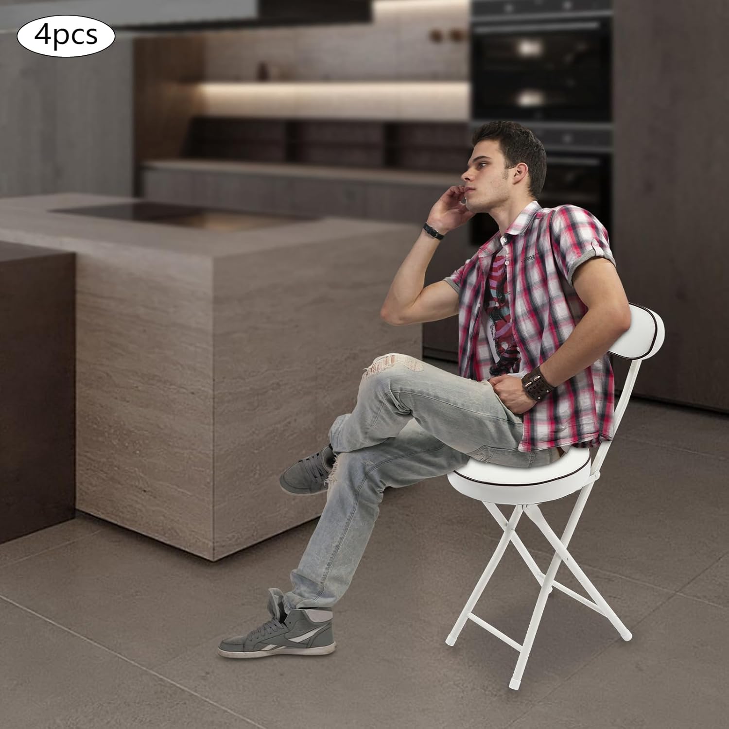 4 PCS Folding Bar Stool with Backrest and Soft Cushion 29.5 Inch Tall Folding Chair Portable Bar Stool for Kitchen Dining Room Cafe (White)