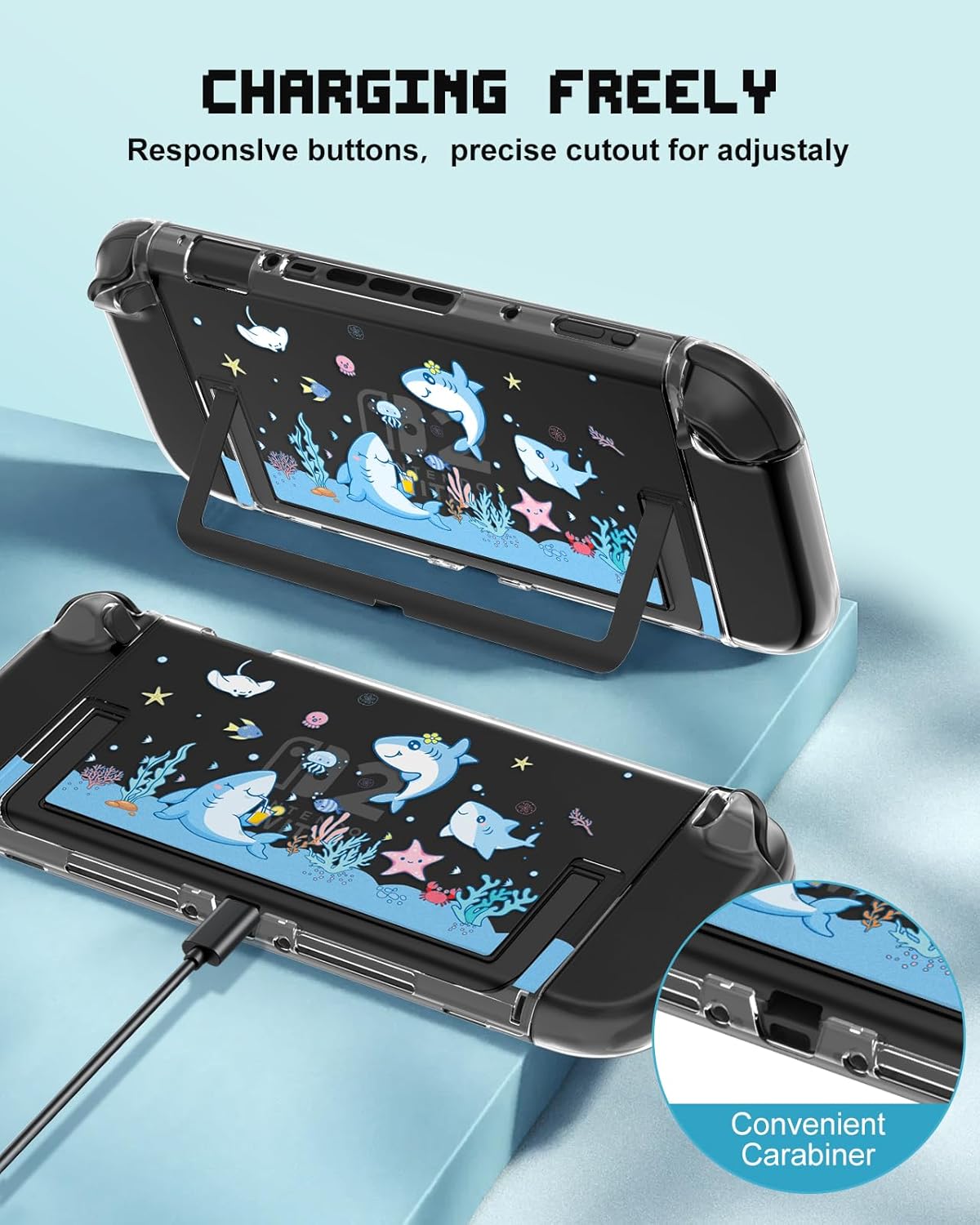 Dockable Protective Case for Nintendo Switch 2 2025 - Cute Cartoon Shark Design Clear TPU Slim Hard Cover for Joycon 2 for Teens Girls Boys - Image 4