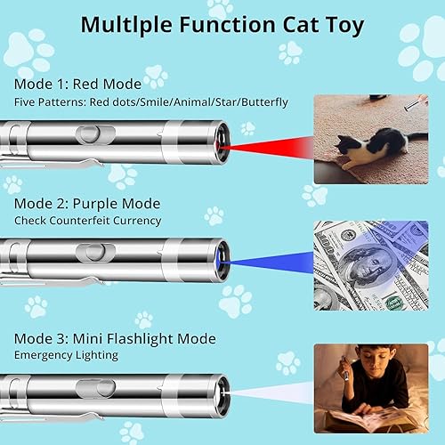Miniatura 5 de Puntero de juguete para gatos de interior, juguetes recargables por USB con 7 patrones ajustables, juguetes interactivos de persecución para gatos y