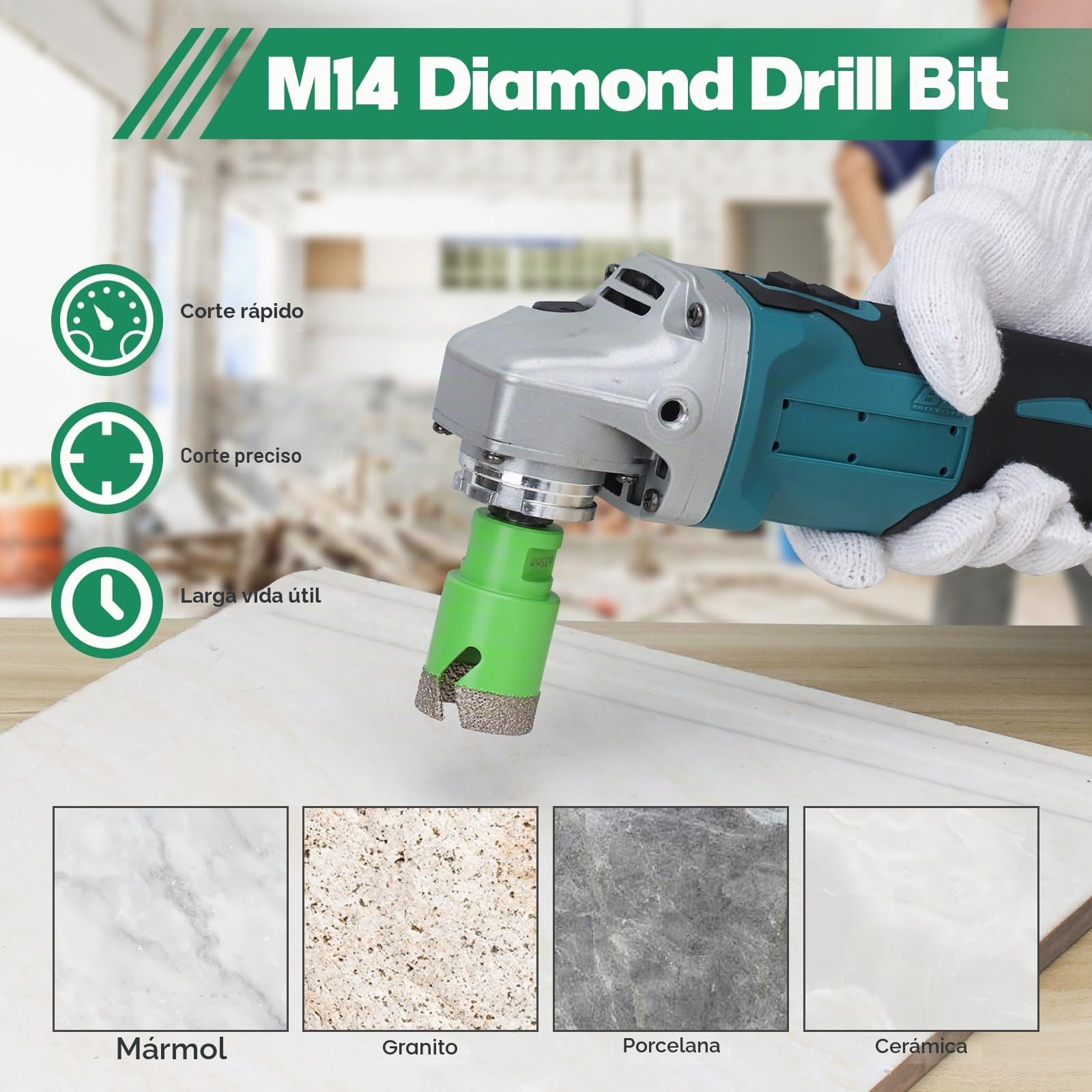 Juego de Broca de Diamante M14, 6/6/8/20/35/50/68 mm Brocas Diamantadas con 50mm Broca Chaflán, 10mm Broca de Dedo, Adaptador para Porcelana, Azulejos, Granito, Gres, Mármol