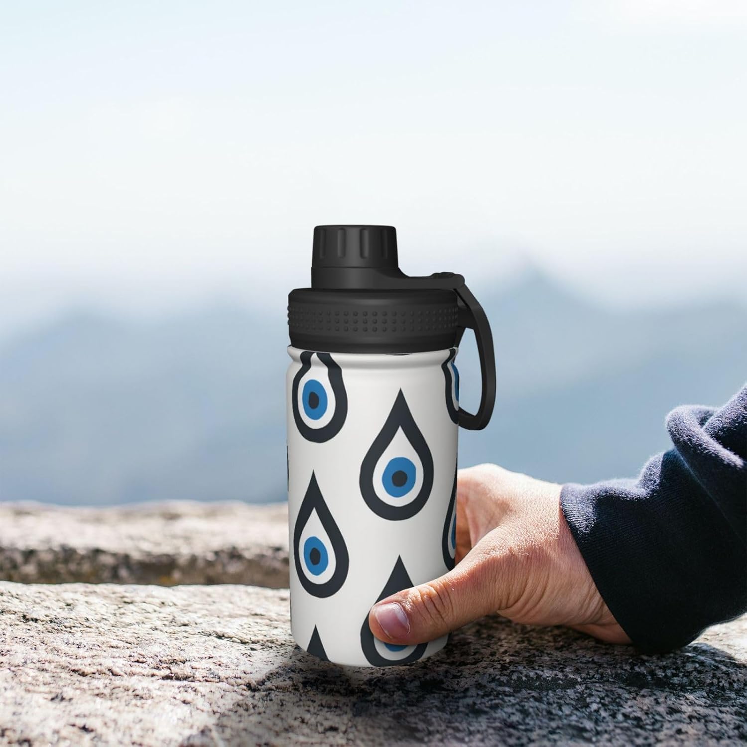 12 oz Stainless Steel Vacuum Water Bottle Blue Evil Eye Teardrops Lightweight Sports Flask