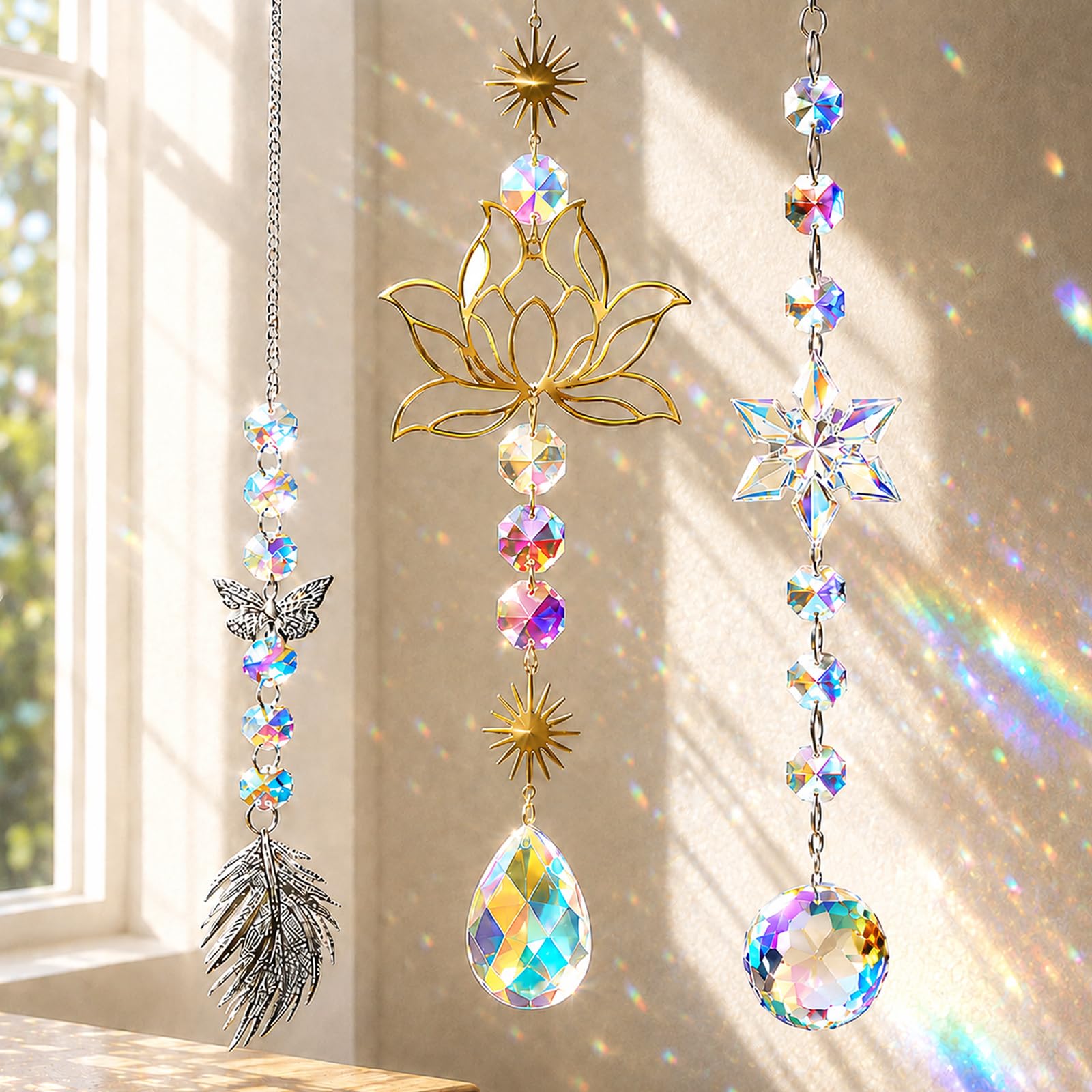 3 PCS Sun Catcher, Crystal Glass Hanging Pendants Rainbow Maker Suncatcher Ornaments for Home Garden Patio Indoor Outdoor Decoration Wind Chime Style Prisms for Windows Curtains