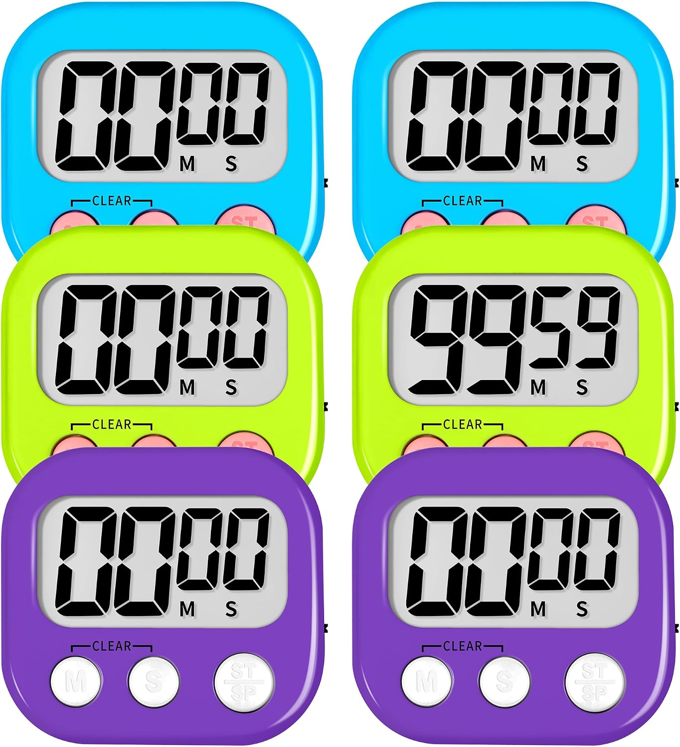 ZILLEEN Digital Kitchen Classroom Timers for Kids Cooking 6pcs Blu Grn Pur