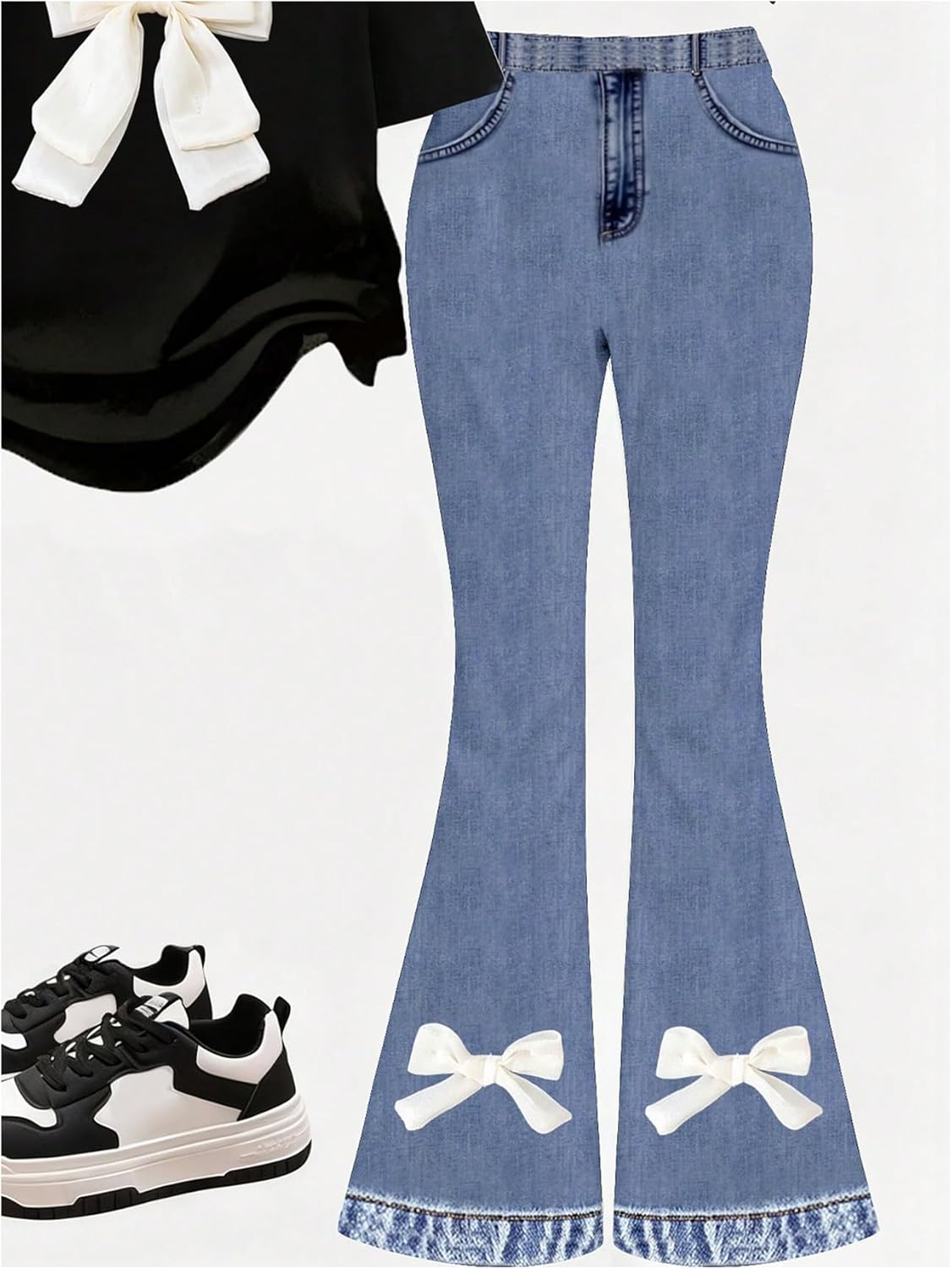 Floerns Girl's 2 Piece Outfit Cute Bow Short Sleeve Tee Shirts and Graphic Flared Denim Pants Set - Image 4