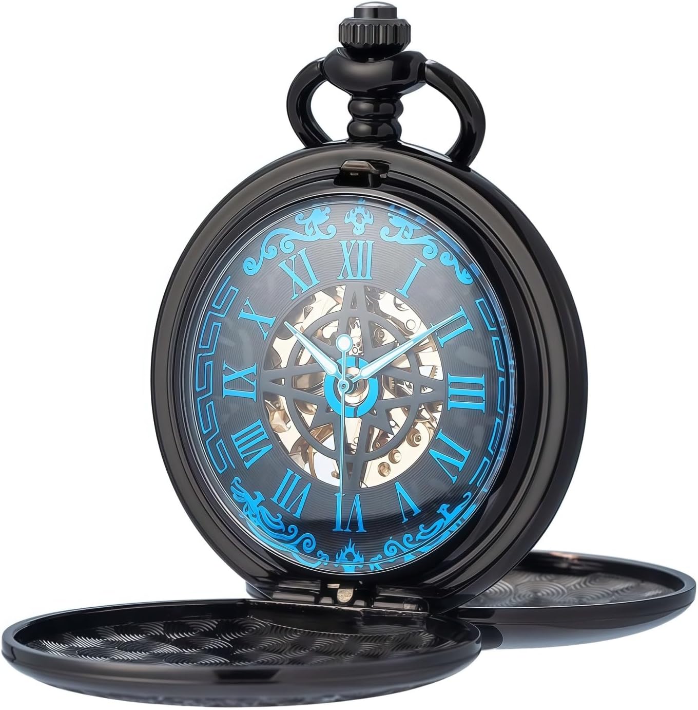 Mechanical Roman Numerals Dial Skeleton Pocket Watches with Box and Chains for Mens Women