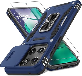 DEERLAMN Case Compatible with Moto G Stylus 5G 2025 Built in Slide Camera Cover+Screen Protector1 Pack, Rotated Ring Kickstand Military Grade Shockproof Protective Cover-Navy Blue