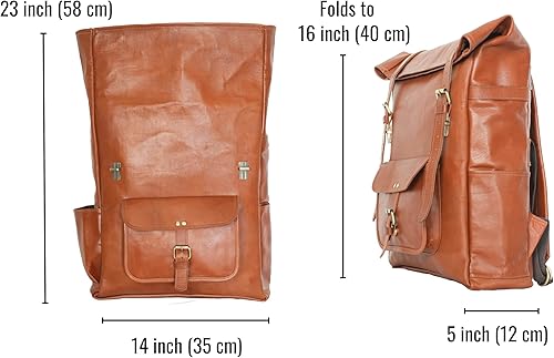 Miniatura 7 de jaald Mochila de cuero marrón de 23 pulgadas, mochila vintage para portátil, bolsa de viaje grande con parte superior enrollable, cómoda y ligera,