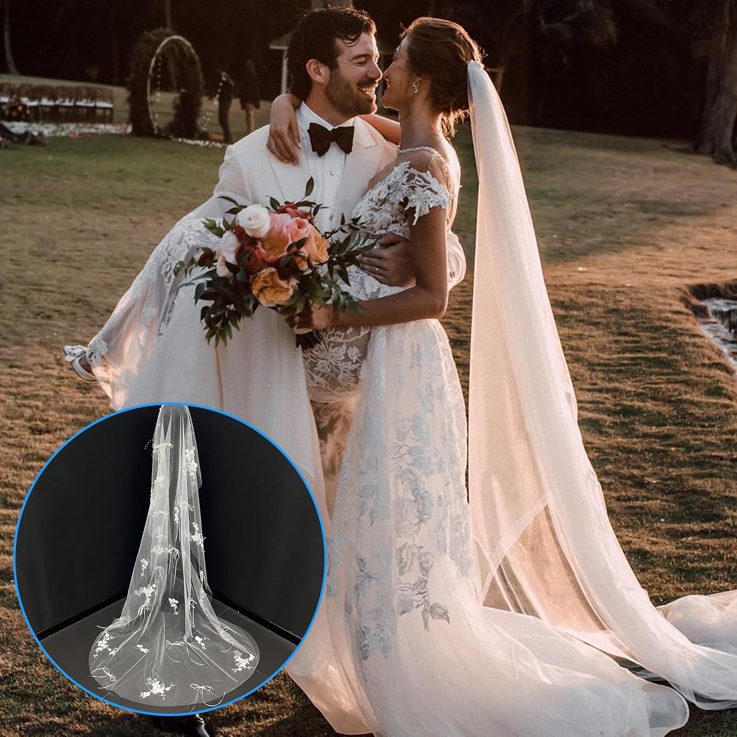Cathedral Length Bridal Veil Pearls Studded Flower Applique Tulle Hairpiece for Wedding Party Cosplay Elegant Tulle Wedding Veil