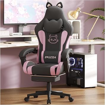 Racingreat Gaming Chair,Ergonomic Gaming Chair with Cat Ears for Girls Adults, Height Adjustable Reclining Computer Game Chair Comfortable with Headrest and Massage Lumbar Support Black