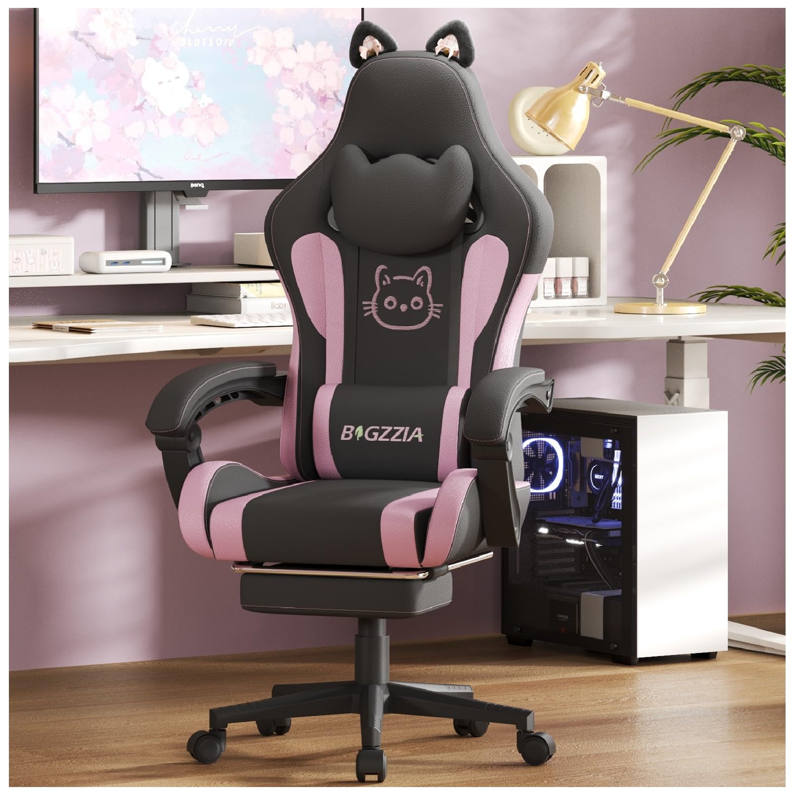 Racingreat Gaming Chair,Ergonomic Gaming Chair with Cat Ears for Girls Adults, Height Adjustable Reclining Computer Game Chair Comfortable with Headrest and Massage Lumbar Support (Black)