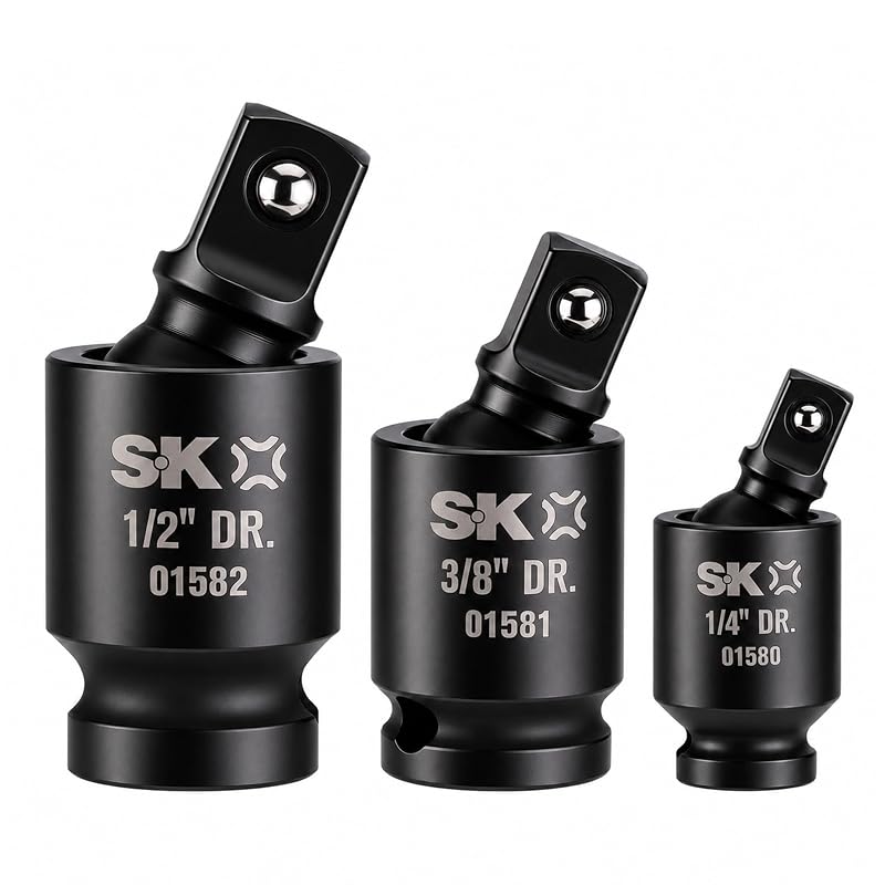 Jogo de Adaptadores de Junta Universal sem Pino para Impacto SK, 1/4 pol. (6,35 mm), 3/8 pol. (9,53 mm) e 1/2 pol. (12,7 mm), 3 peças