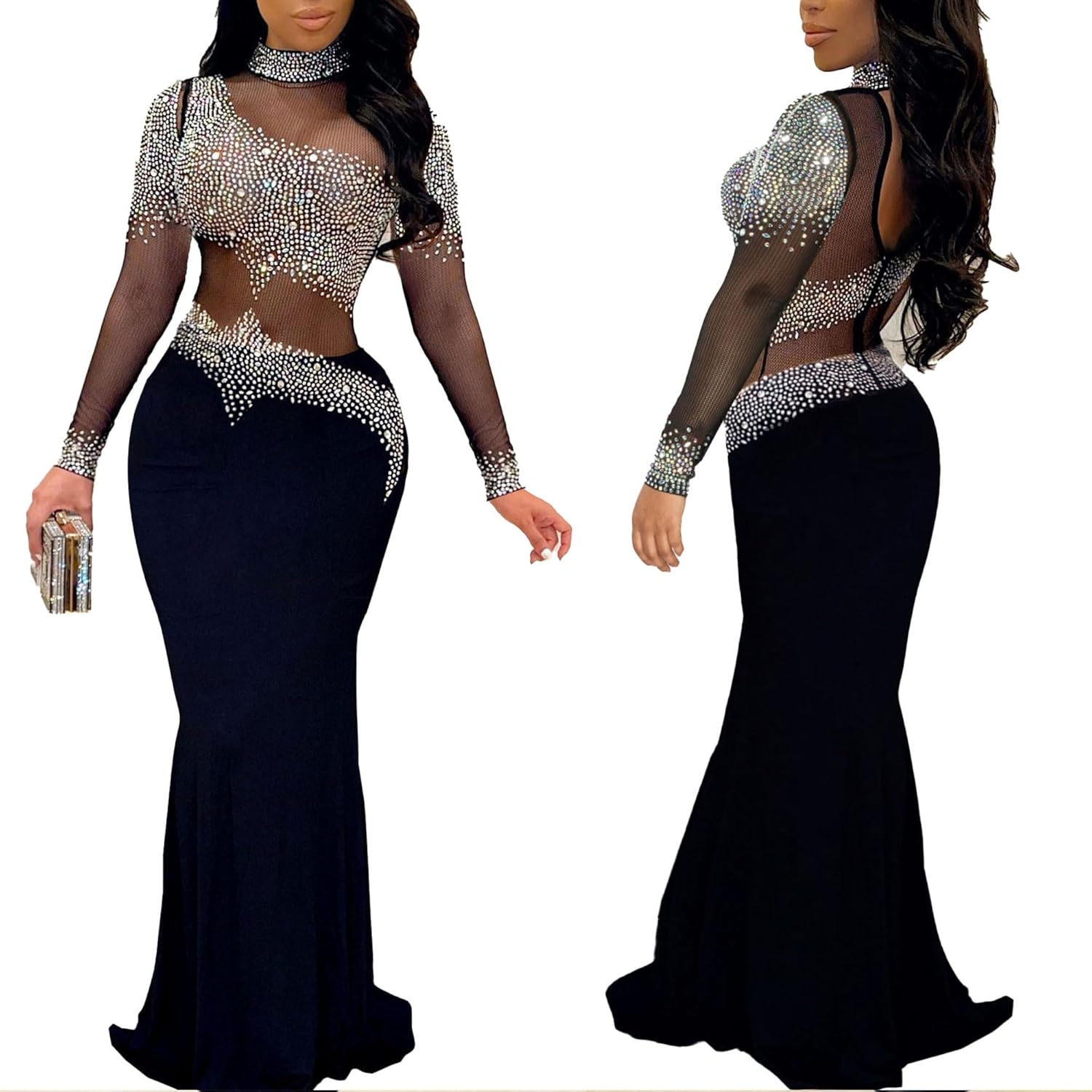 PORRCEY Women Sexy Elegant Rhinestone Mesh See Through Evening Dresses Party Club Night Clubwear - Image 3