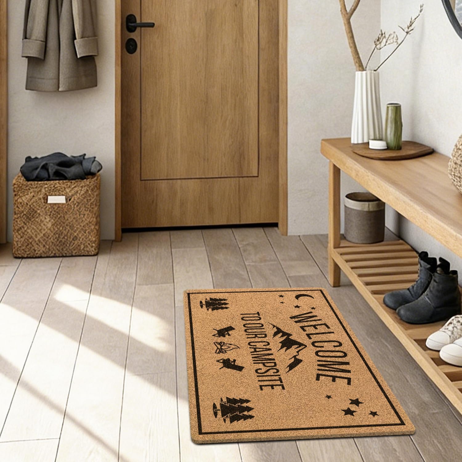 Camping Welcome Mat, Welcome to Our Campsite Faux Coir Doormat Outdoor Entrance, Mountain Forest Campfire Camper Mats Small Rugs for RV Trailer Campsite, 17x30 Inch