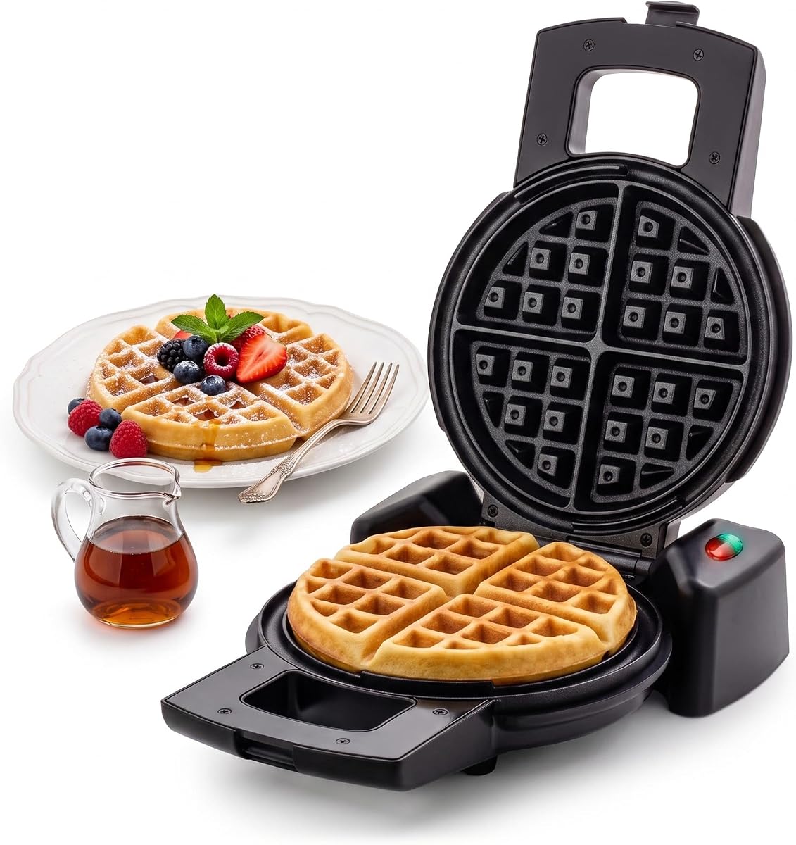 OVENTE Belgian Waffle Maker, 1000W, 180° Rotating Function, Black WMF1440BR | Non-Stick Plates, Cool Touch Handle for Easy Single Flip, Perfect for Cooking 7” Perfect for Making Breakfast or Snacks