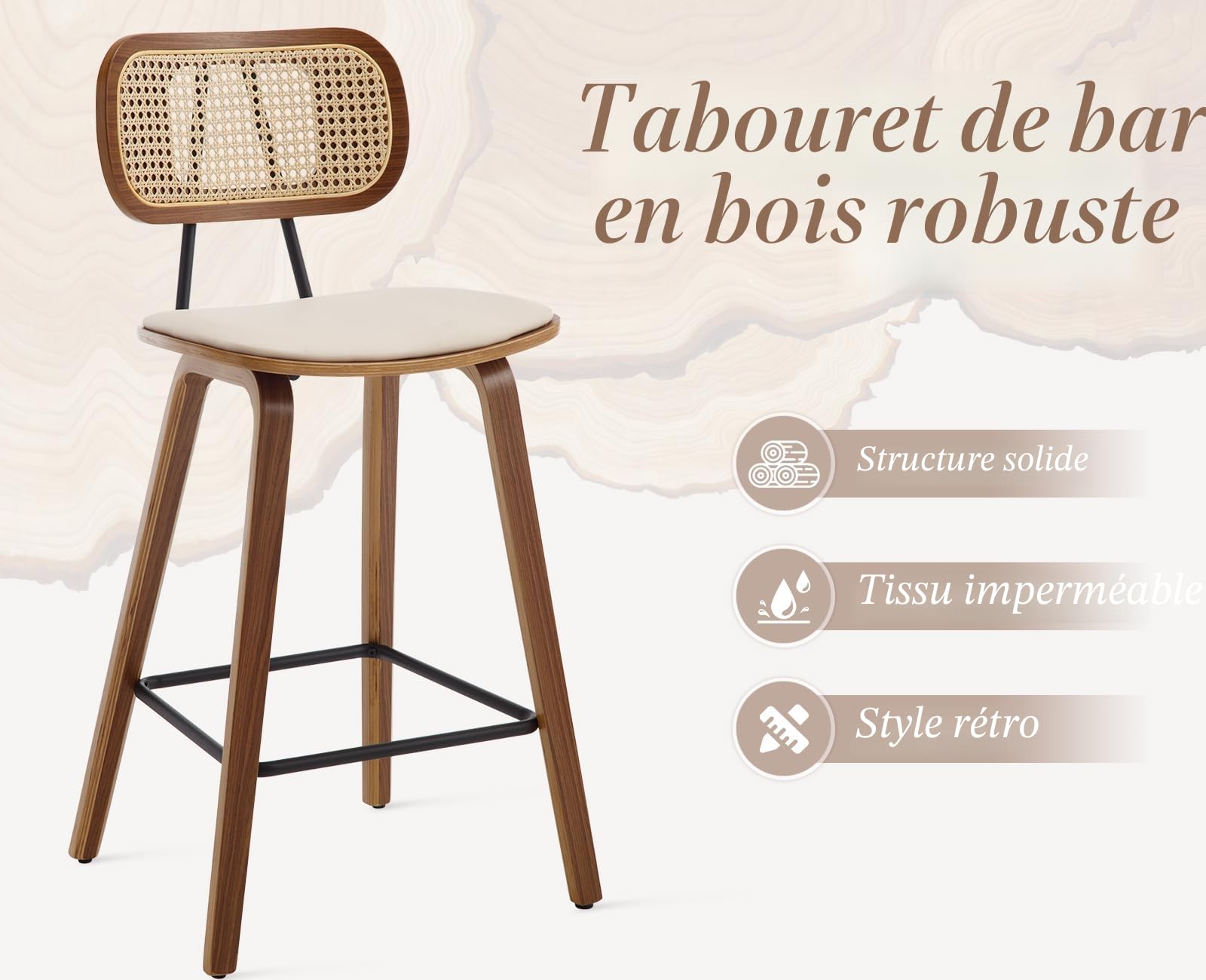 chairus Tabourets de Bar Lot de 2 Tabourets de Comptoir Bois et Métal Chaise Haute Bar avec Dossier Rotin pour Central Îlot, Beige