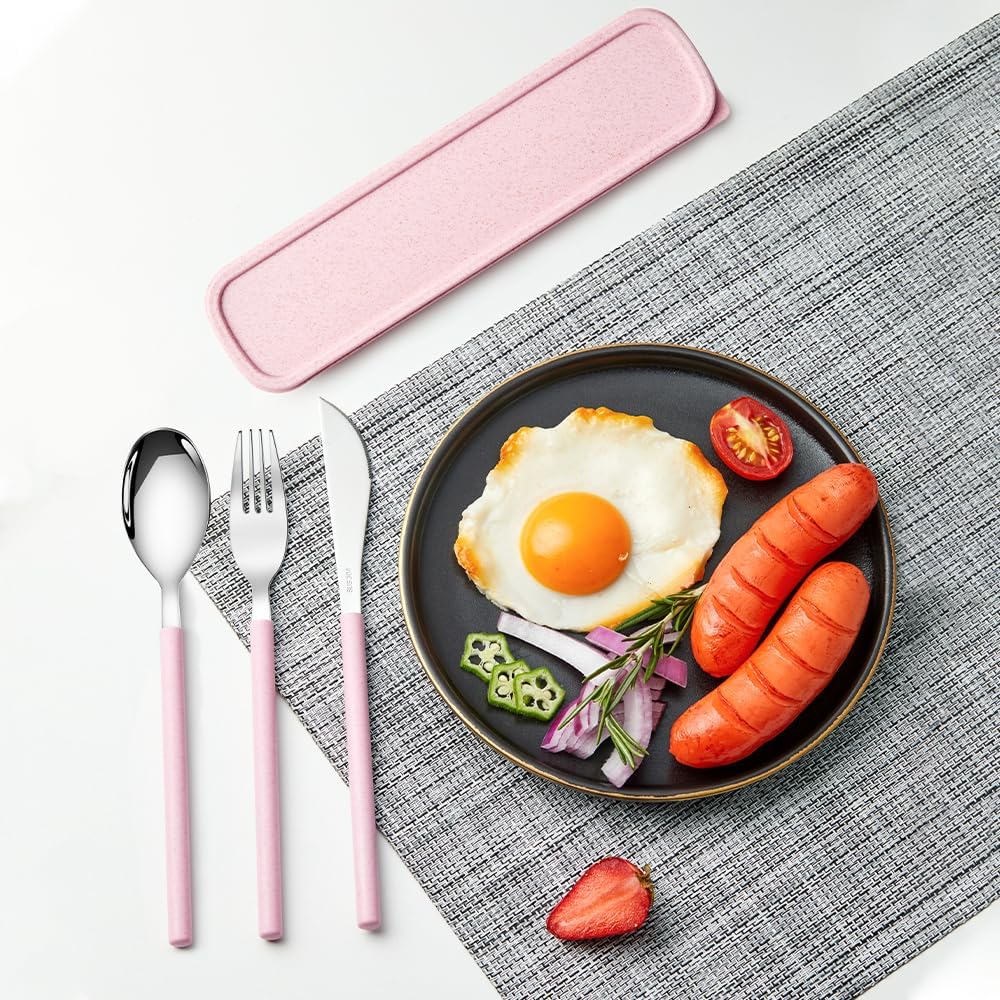 YBOBK HOME Portable Flatware Set with Case Stainless Steel Knife Fork and Spoon Reusable Flatware Set Dishwasher Safe Flatware Utensils with Colored Handle for To Go Anywhere (Pink)
