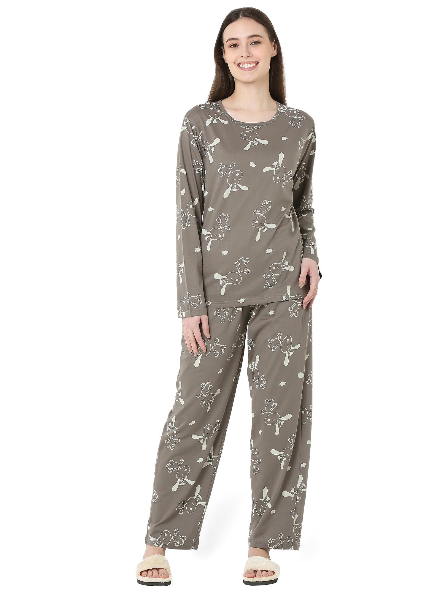 smarty pants Women's Cotton Snoopy Print Chocolate Color Full Sleeves Night Suit.-picture-16