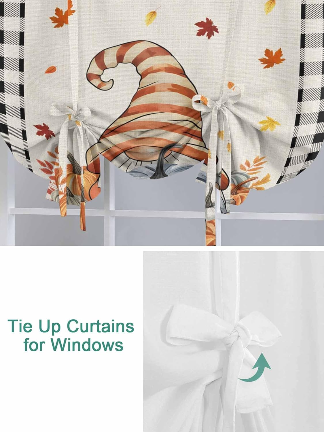 Thanksgiving Plaid Tie Up Curtains for Kitchen Bathroom Bedroom Windows 45 Inch Length,Balloon Drape Curtains Shade Rod Pocket Drapery Curtain Buffalo Check Gnomes Pumpkins Black Beige 1 Panel,34"x45"