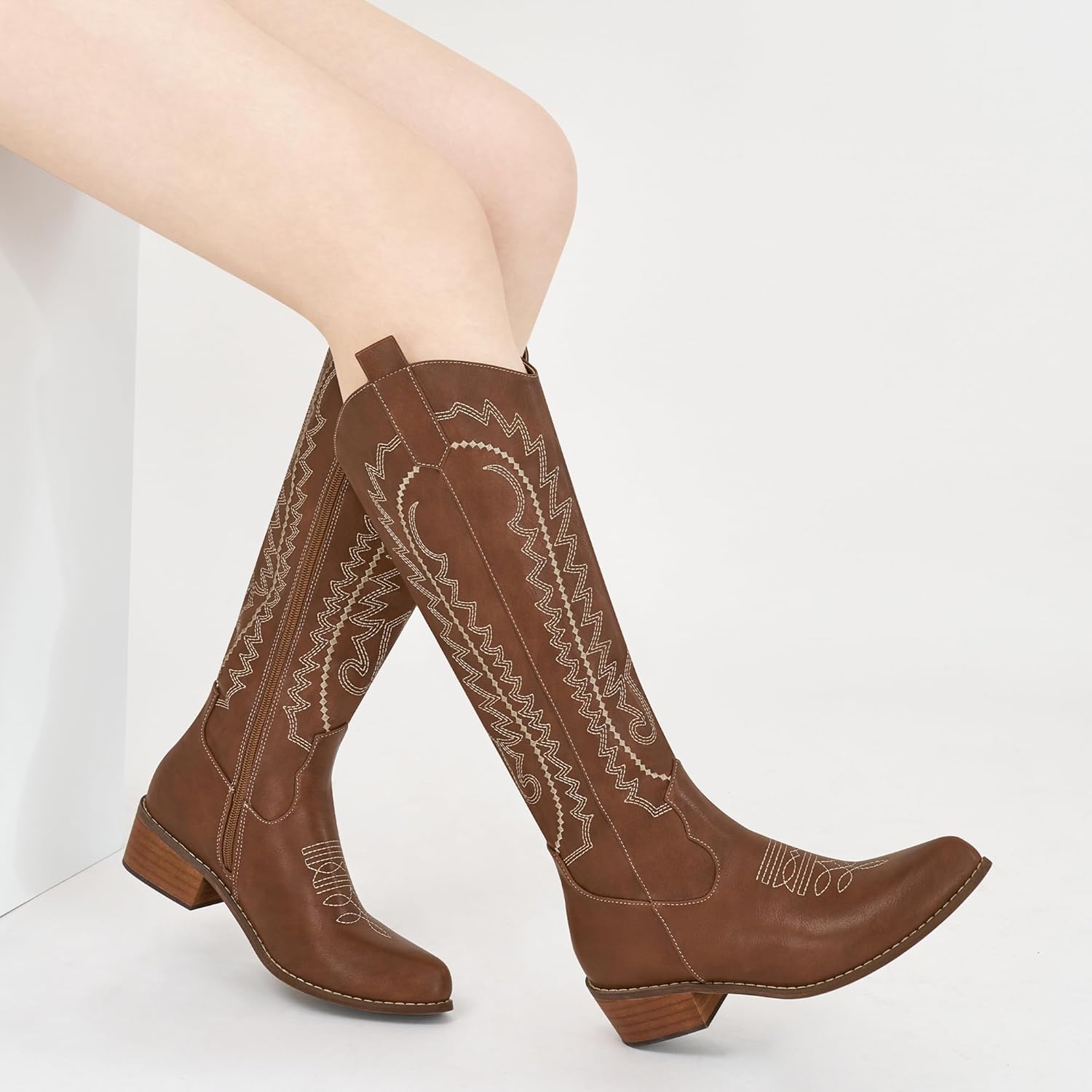 Western Cowboy Boots for Women: Embroidered Knee High with Chunky Heel Pointed Toe Retro Fashion Side Zipper Tall Cowgirl Boots for Country Concerts
