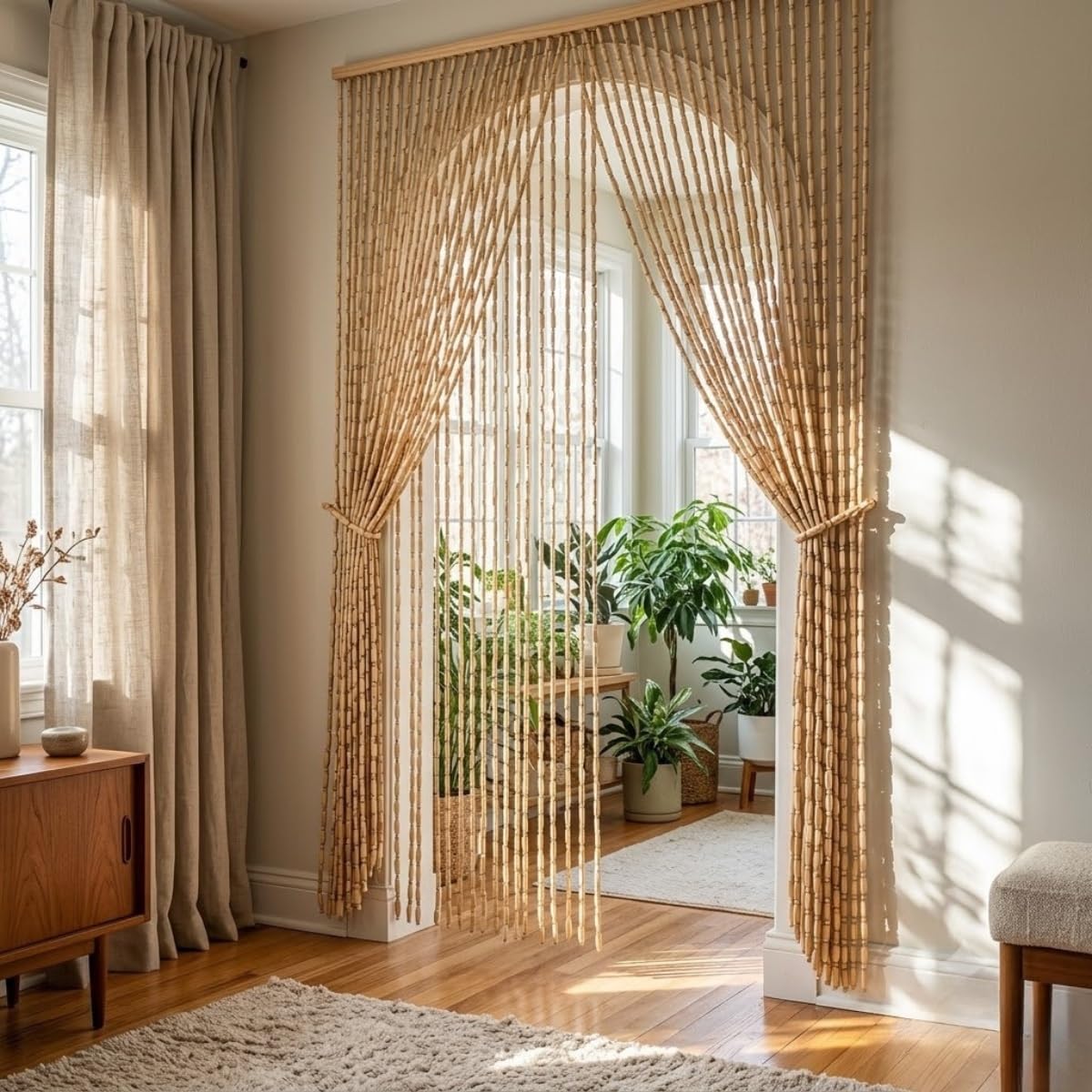 Rideau Occultant en Perles de Bois Résistant, Rideau Anti-mouches Pour Porte de Balcon Passage d'air, Réutilisable Suspendu Librement Rideau en Bois Pour Salon Chambre(Original Wood,100x200cm)