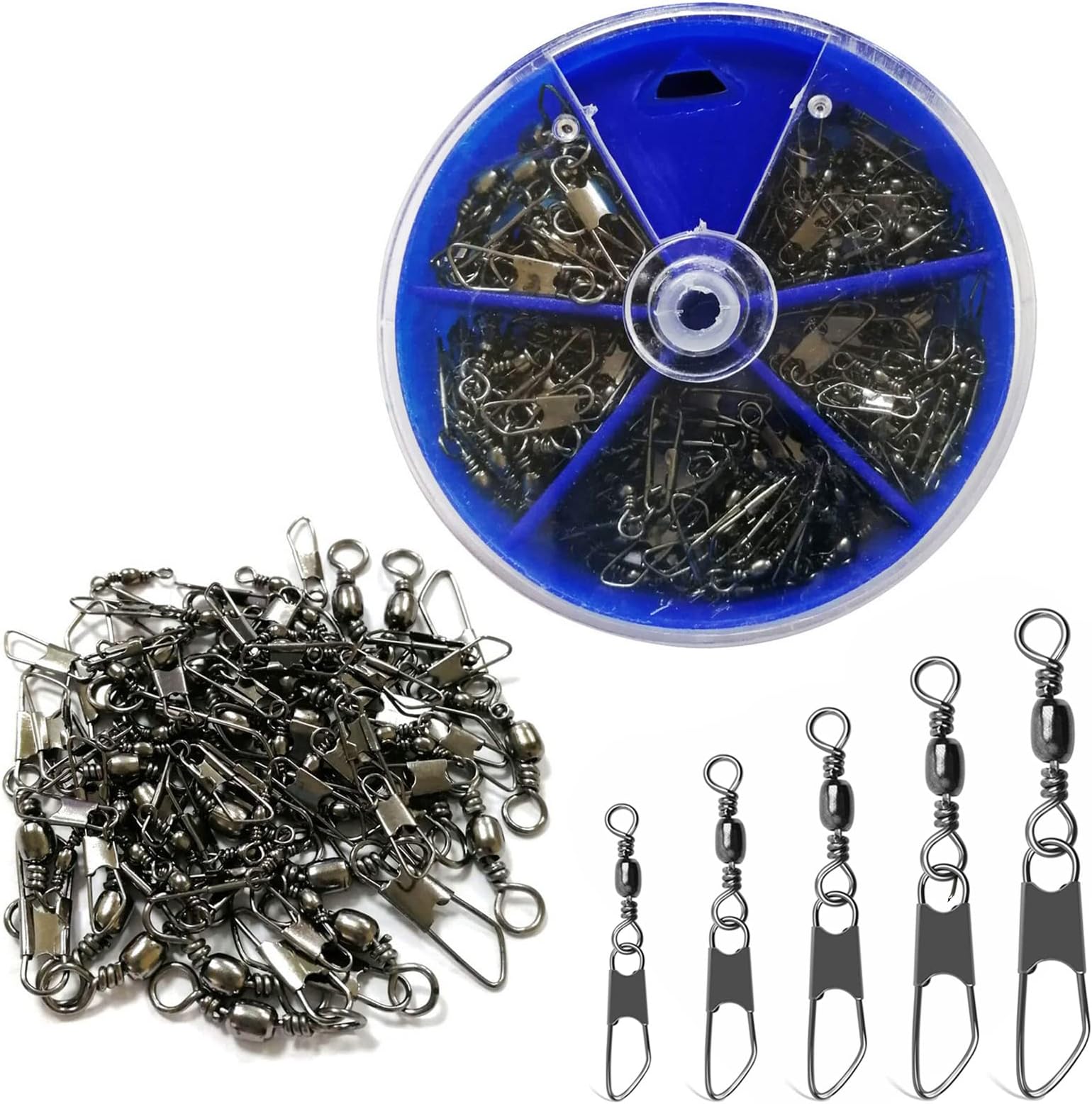 JSHANMEI Fishing Snap Swivels Rolling Barrel Swivels with Safety Snaps High Strength Copper and Stainless Steel, Black Nickel Coated Quick Connect Swivel Snap Fishing Tackle