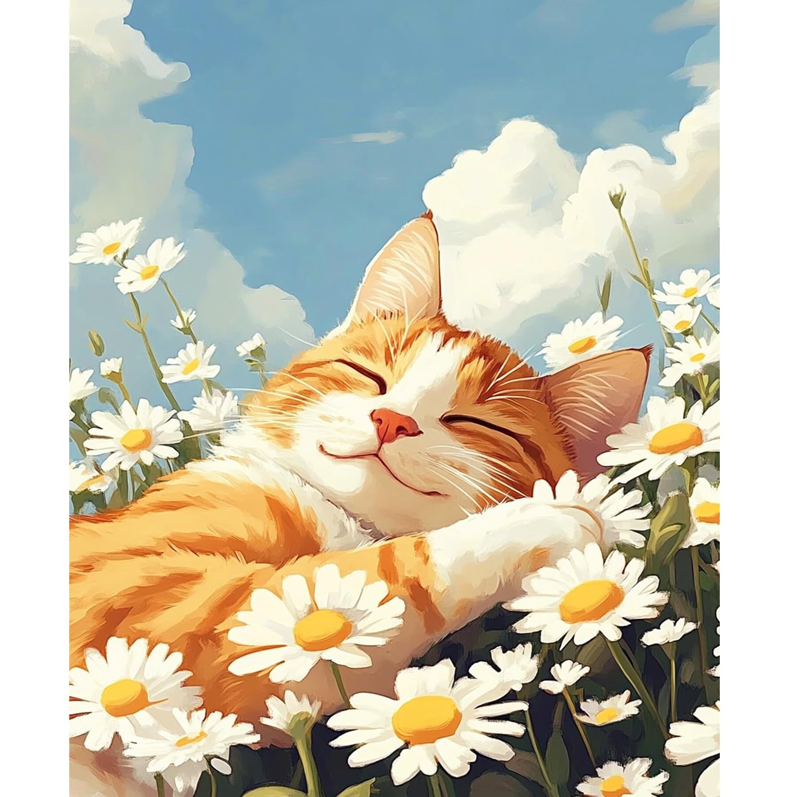 NEWENMO Cute Cat Paint by Numbers Kits Adults,White Daisies Painting by Number Kit,Landscape Paint by Numbers,DIY Hand Painted Oil Painting Kit Complete,for Beginners Home Decor 40x50cm