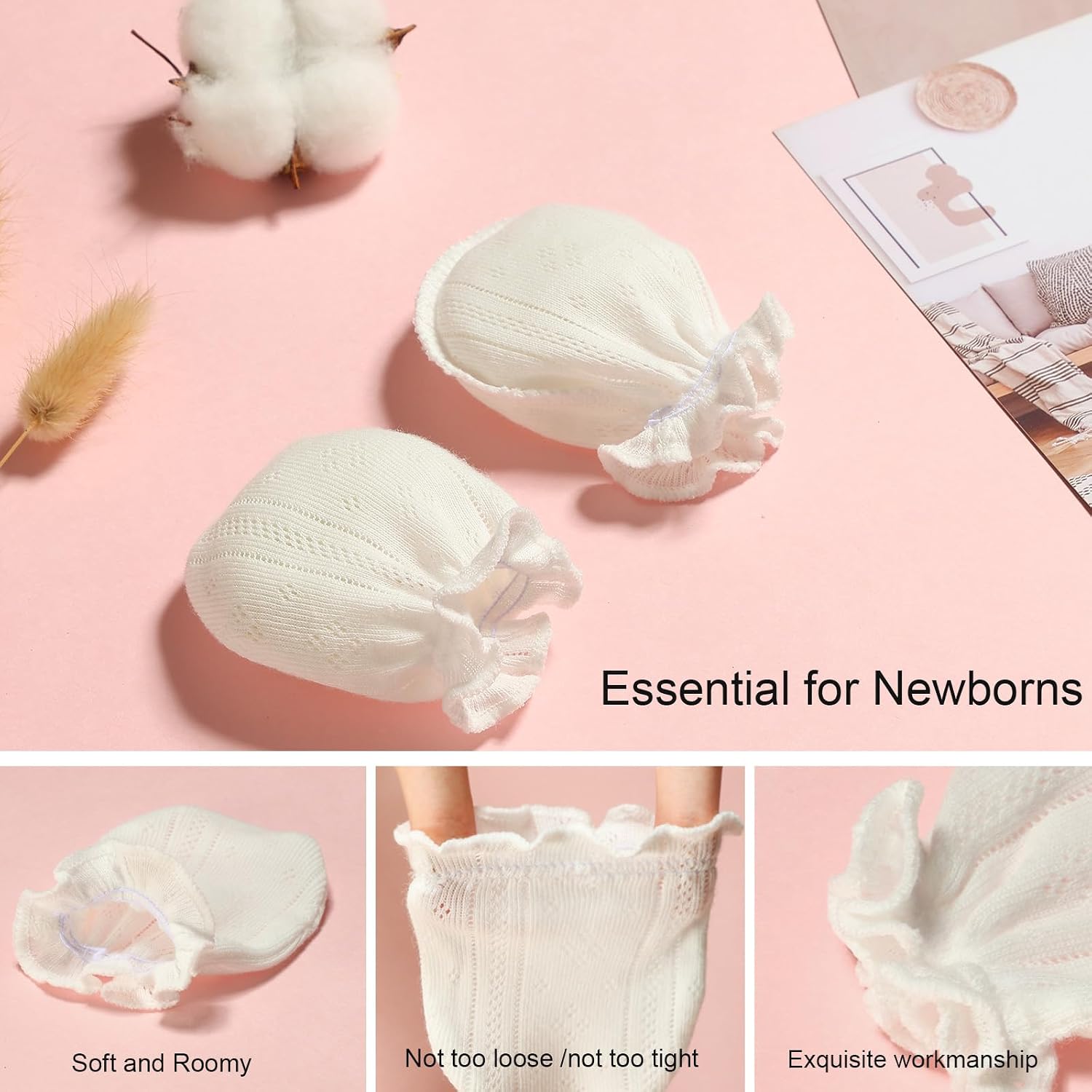 MOMSMENU Newborn Mittens No Scratch 100% Cotton 5 Packs Anti-Scratch Soft Breathable 0-6months Stays On
