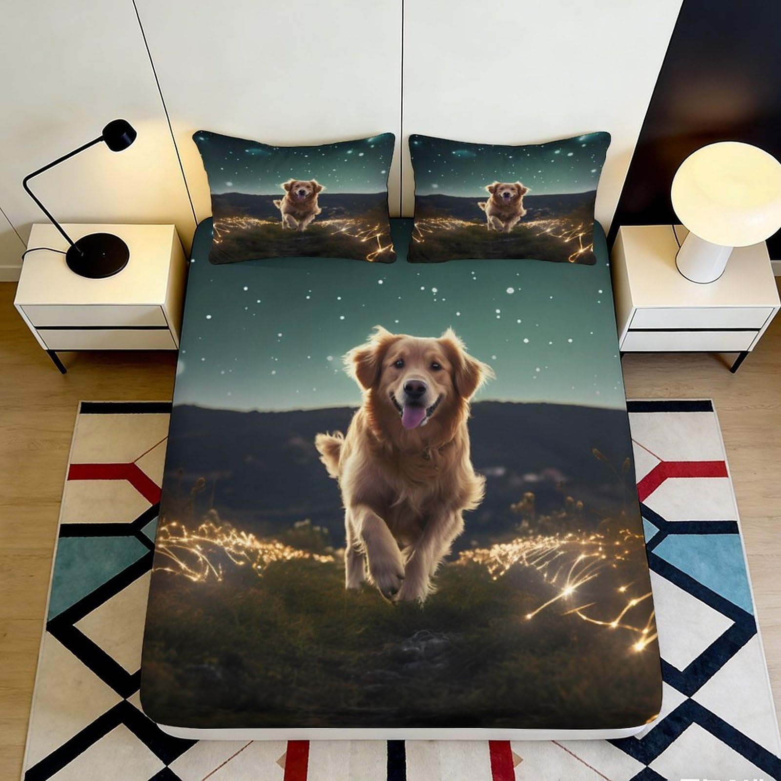 3D Printed Golden Retriever Fitted Sheet Microfiber Deep Pocket Bedroom Bedding Golden Retriever Mattress Fitted Cover Non-Slip Washable for Home 200x200x25cm