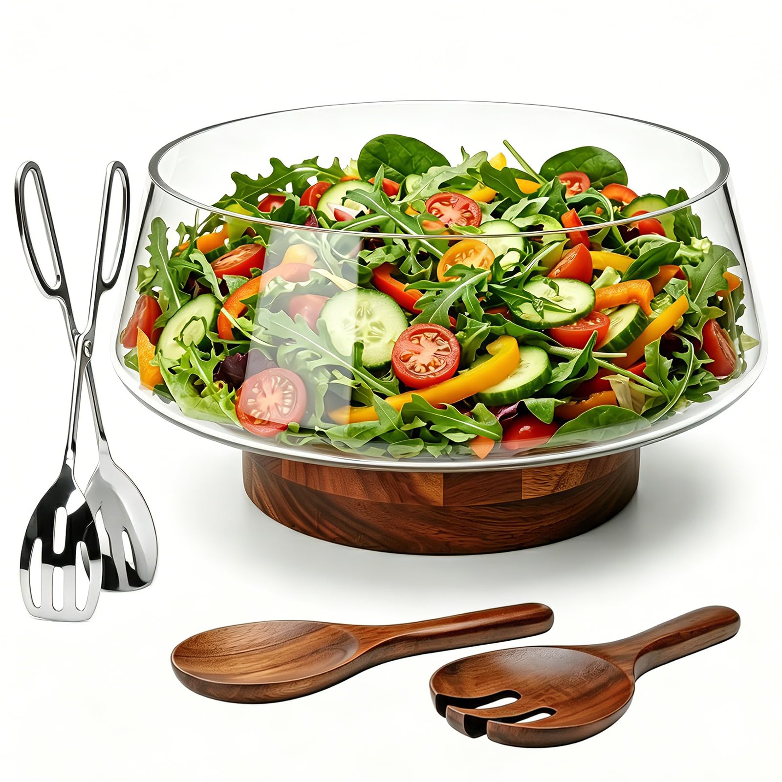Accguan Glass Salad Bowl Set - Acacia Wood -1