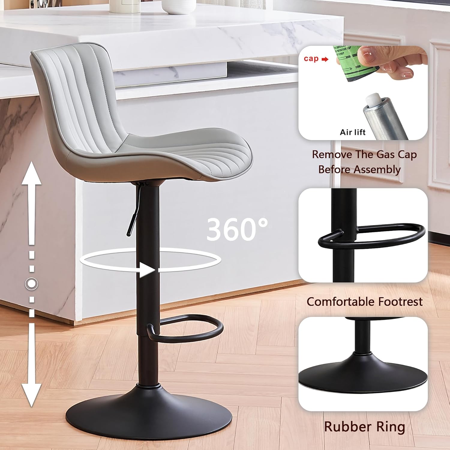 Kidol & Shellder Bar Stools Set of 2 Grey High Back Barstools Counter Stools Adjustable Swivel Bar Chairs,3-Minute Quick Assembly,1-Year Warranty : Home & Kitchen