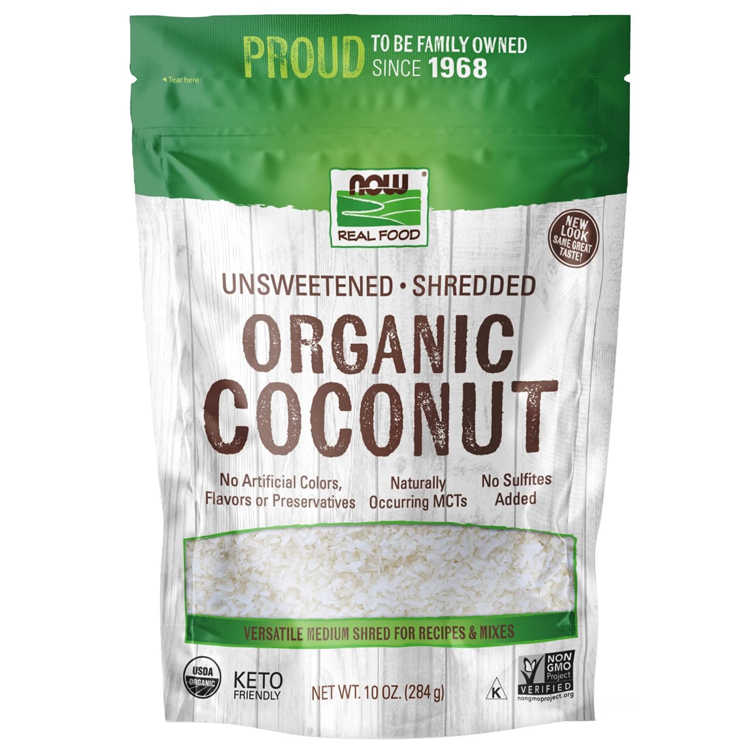 NOW Foods, Organic Coconut, Unsweetened and Shredded, No Added Colors, Flavors or Preservatives, 10-Ounce (Packaging May Vary)