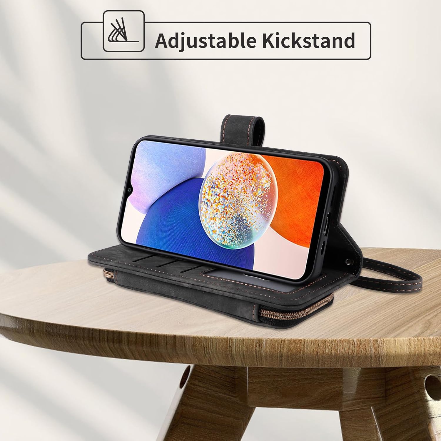 Phone Case for Samsung Galaxy A14/M14 5G Wallet Cell Cover with Tempered Glass Screen Protector Crossbody Lanyard Strap Flip Stand Zipper Purse Card Holder Slot Cash A 14 4G 14A 14M G5 Women Men Black