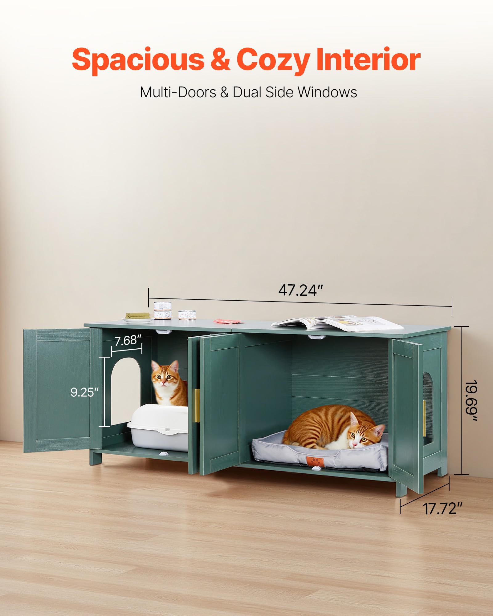VEVOR Arenero para Gatos, 1200 x 450 x 500 mm, con 4 Puertas 2 Entradas, Mueble de Interior, Caseta de Madera, Compatible con la Mayoría de Areneros, Verde, Carga Superior 60 kg e Inferior 45 kg