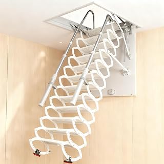 9.8FT Ceiling Mount Attic Ladder, Hidden Retractable Ladders for Loft, 12 Steps Attic Ceiling Pull Down Ladder, large Folding Attic Stairs with Telescoping Handrail, for garage (white, 9.8ft/12 steps)