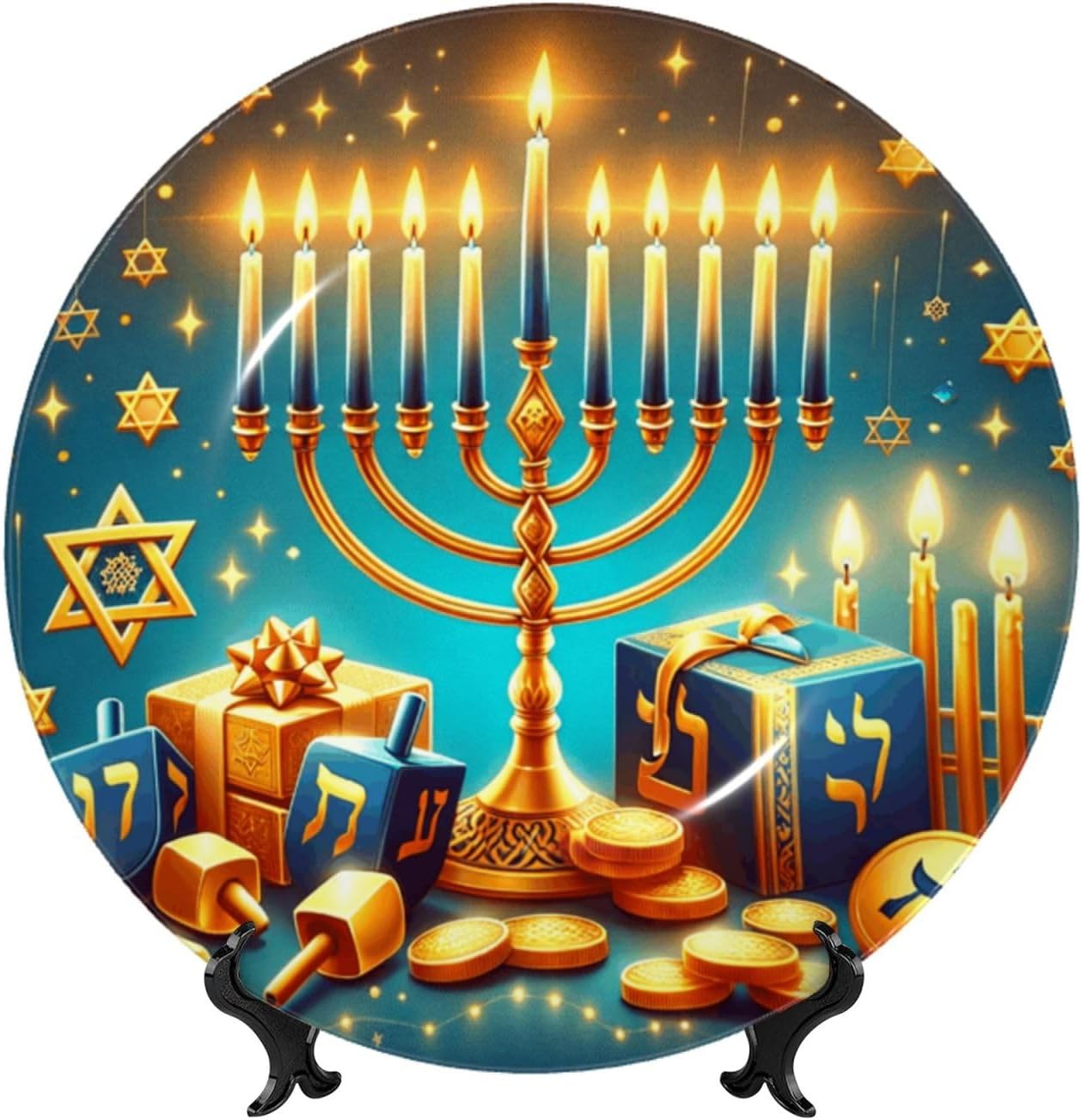 Hanukkah-Lit-Candles 10 Inch Decorative Plate With Stand, Elegant Display Wall Plate For Home Decor