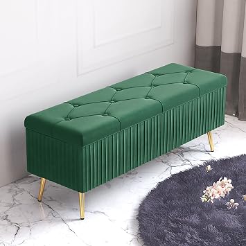 Modern Velvet Shoe Storage Bench Ottoman Plush Upholstered Entryway Seat & Padded Foot Rest Stylish Dark Grey Storage Stool for Bedroom & Living Room Furniture