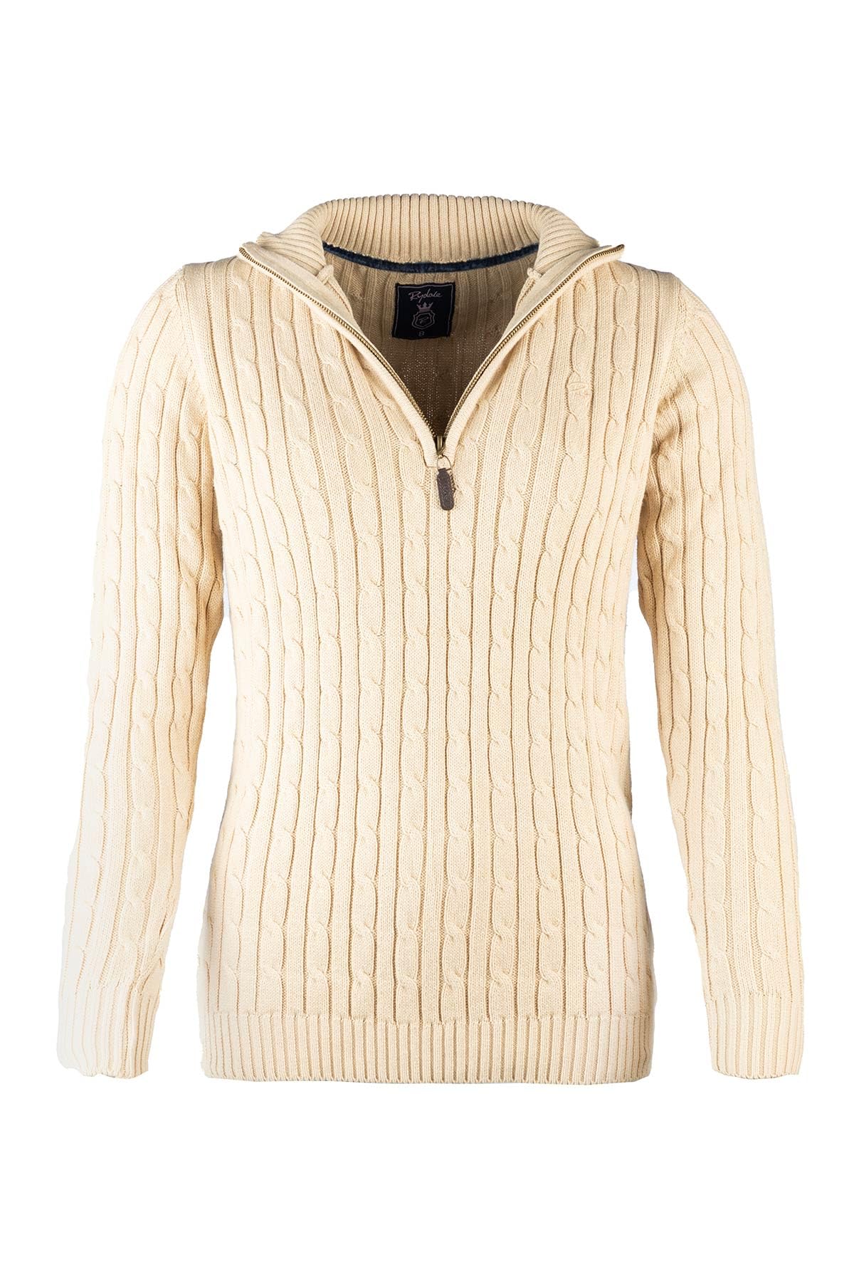 Rydale Women's Beige Quarter Zip Cable Knit Jumper Chunky Knitted Sweater Long Sleeve Pullover Half Zip V Neck Jumpers (Uk, Numeric, 16, Regular, Regular, )